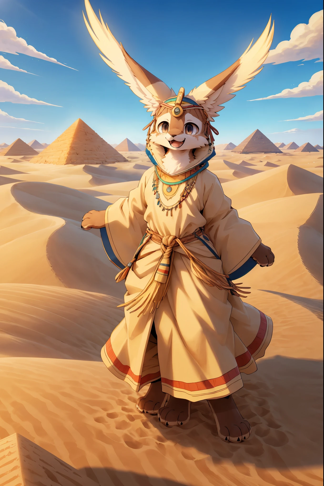 High-quality illustrations, masterpiece, absurdres, super high resolution, detailed background, desert, sand dunes, pyramid, Traditional costumes, Happy, joyful, Relux(Travel photos)perfect anatomy(kemono, furry anthro, National clothing)cinematic lighting, beautiful shadow, dynamic angle,