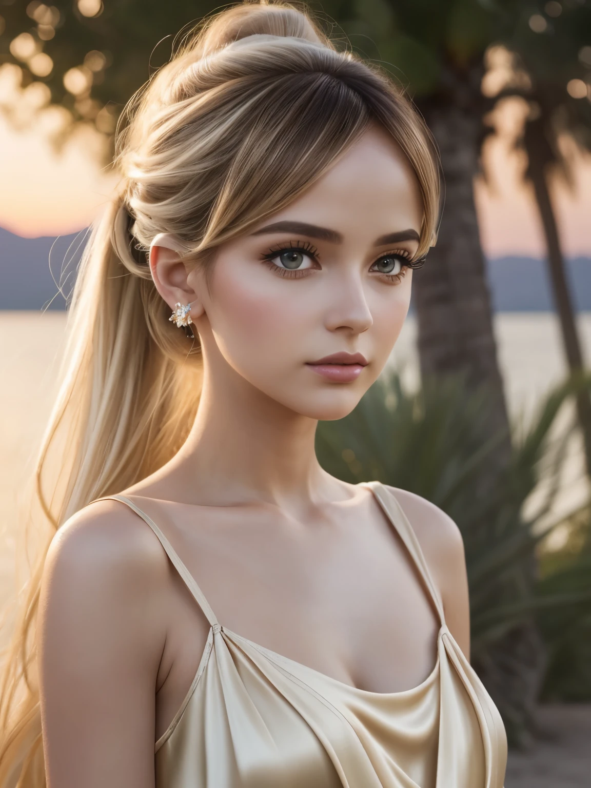 (best quality,4k,8k,highres,masterpiece:1.2),ultra-detailed,(realistic,photorealistic,photo-realistic:1.37),fashion photography, Italian girl, beautiful detailed eyes, beautiful detailed lips, long eyelashes, ponytail hairstyle, random hair colour, stylish makeup, gorgeous model, posing with confidence, sensuous expression, modern photography techniques, striking contrast between light and shadow, soft and natural lighting, pale skin tone, subtle blush, pop of colour on the lips, dramatic background with vivid colours, artistic composition, ethereal atmosphere, whisper of wind blowing through her hair, graceful and elegant posture, bokeh effects, (((beige silk short mini dress))) ,exquisite accessories, bold and creative fashion choices, attention to detail in styling and fashion design, standing near a lake, surrounded by the desert, sunset