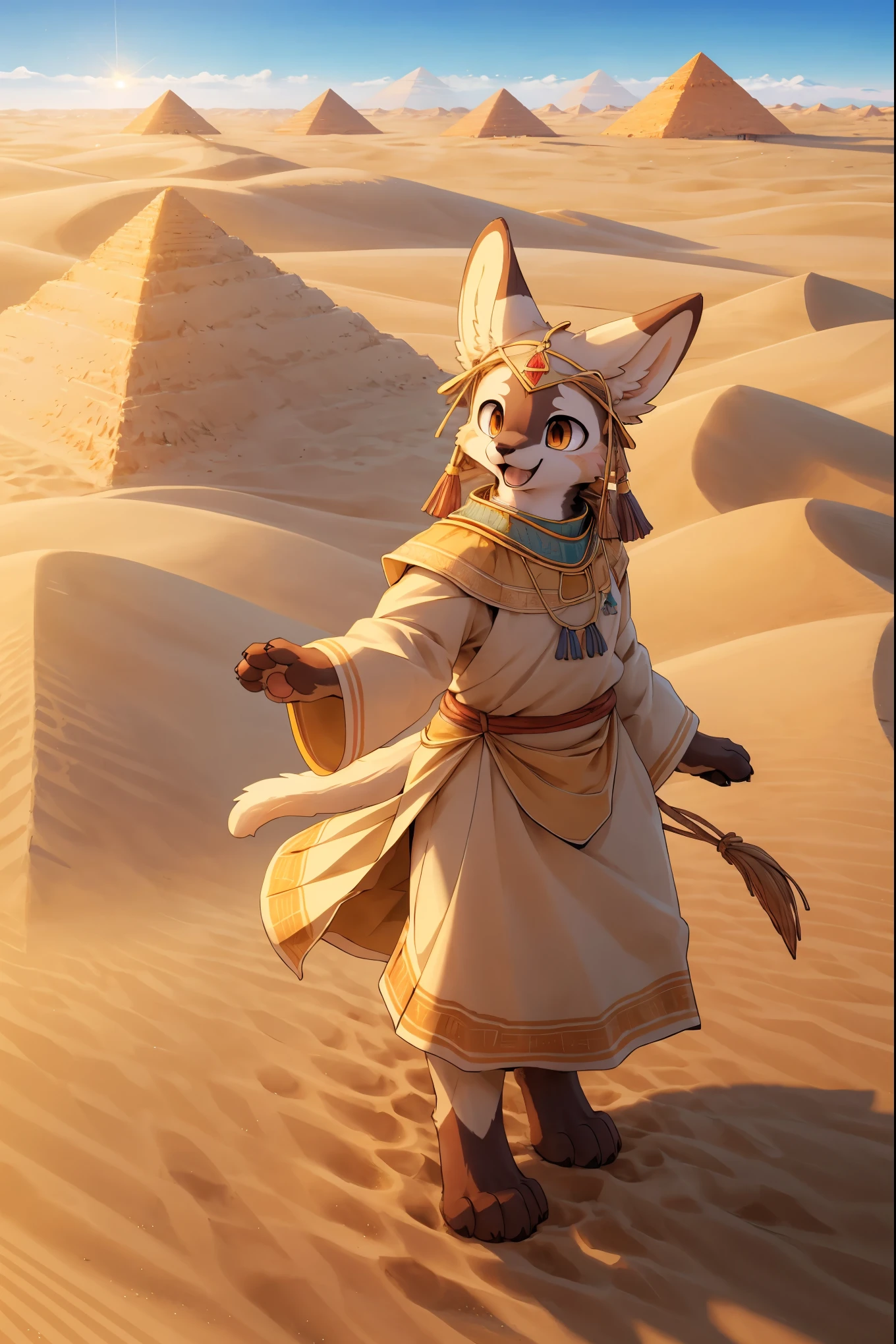 High-quality illustrations, masterpiece, absurdres, super high resolution, detailed background, desert, sand dunes, pyramid, Traditional costumes, Happy, joyful, Relux(Travel photos)perfect anatomy(kemono, furry anthro, National clothing)cinematic lighting, beautiful shadow, dynamic angle,