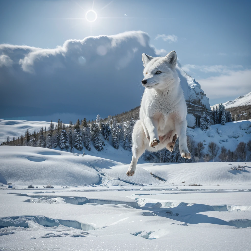 (best quality,ultra-detailed),arctic fox,deep snow,chases,mouse,quick movements,fluffy tail,sharp teeth,intense gaze,white fur,icy blue eyes,freezing wind,subzero temperatures,snow-covered landscape,northern lights,glowing moonlight,harsh winter,icy breath,pristine wilderness,playful jumps,paw prints in the snow,stealthy predator,escape maneuvers,elusive prey,hunting instincts,blizzard conditions,endless white expanse,icy silence,majestic hunter,graceful leaps,ferocious determination,seamless camouflage,cold environment,heart-pounding pursuit,inhospitable terrain.