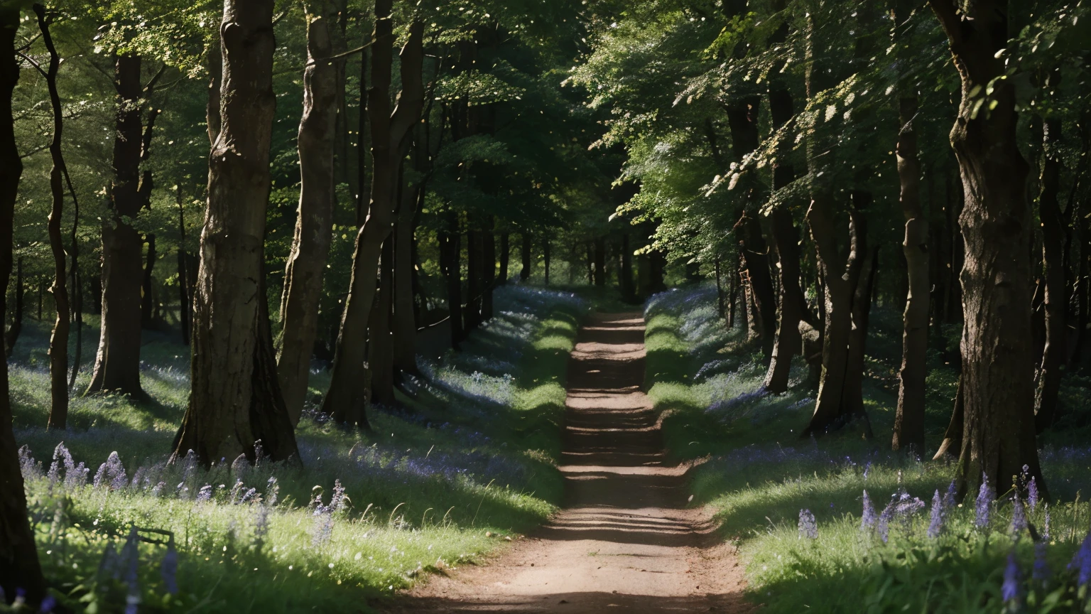 A winding pathway through a forest carpeted with bluebells, creating a magical atmosphere.