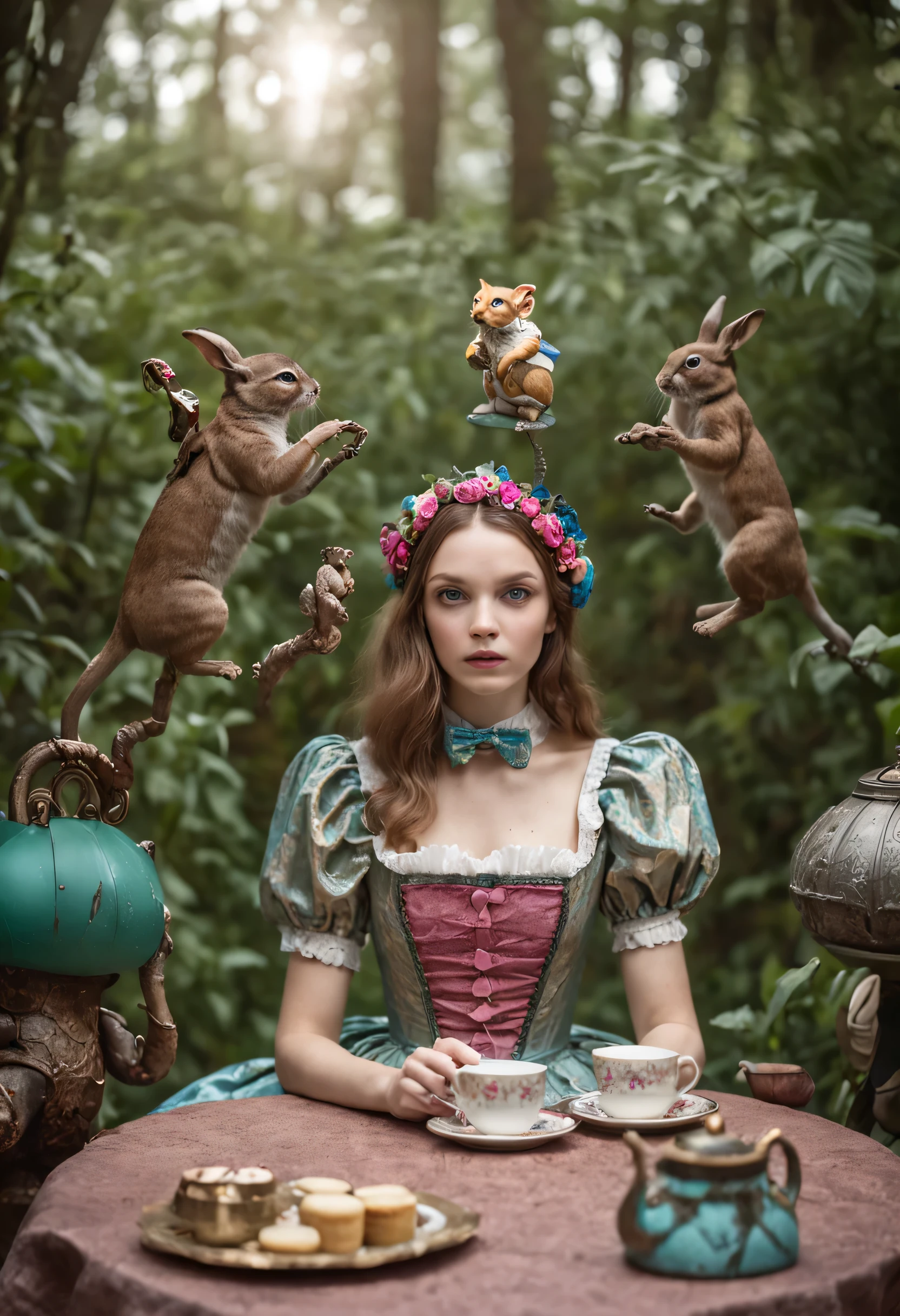 Alice in Wonderland sipping tea in an extravagant psychedelic jungle, Realista