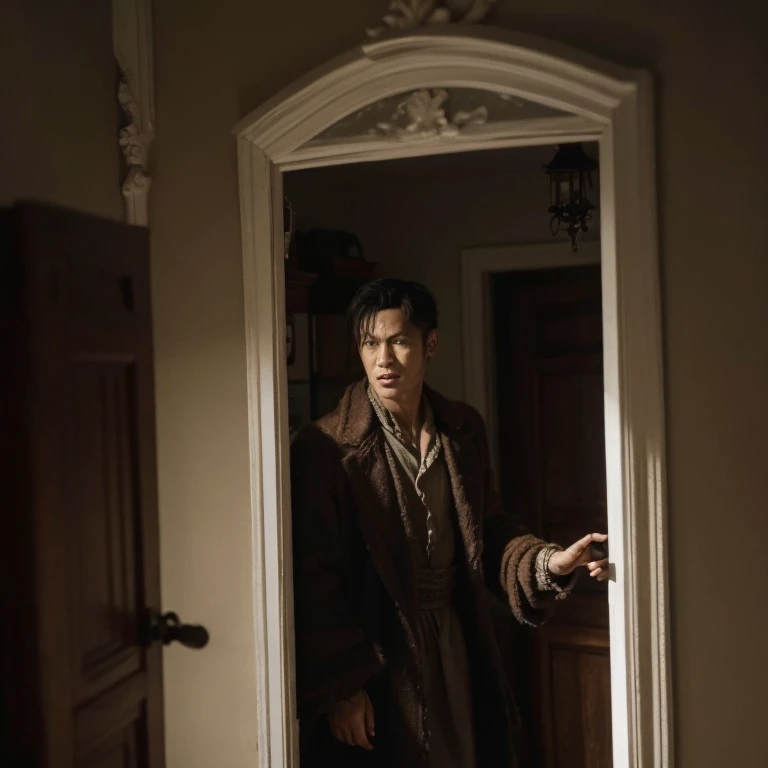 Handsome man in haunted house , horror, nsfw , evil spirit , horrible