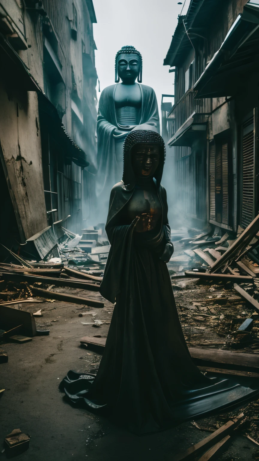 muste piece, best quality, High resolution, photorealistic, Great Buddha,恐ろしい姿のGreat Buddha,ゾンビのようなGreat Buddha,Demon-like form,bloody,scary atmosphere,rotting body,smiling,Standing in ruins,creepy atmosphere