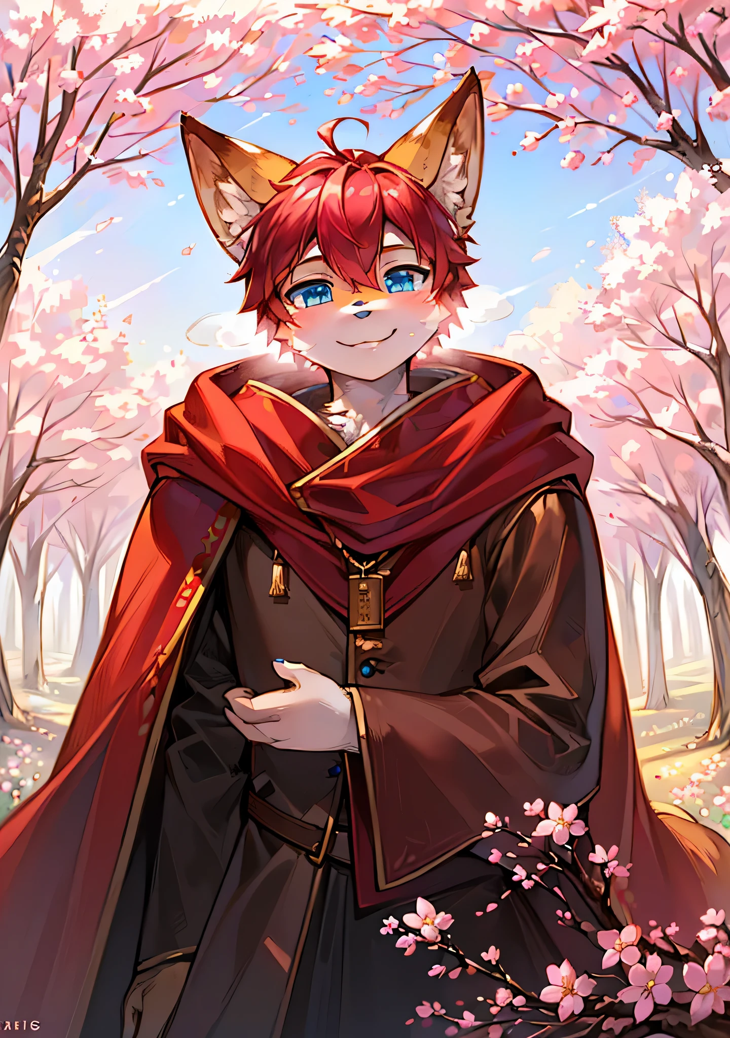 (
Painting style tags: Lovely / pink,
Light and shadow label: soft light,
scene tag: grassland/trees,
character label: fox,
Character description: furry tail, blue eyes, Silky red hair, red cloak, charming smile,
Background label: riverside, white flower, big tree,
Details tab:breath of spring, perfect lines, )