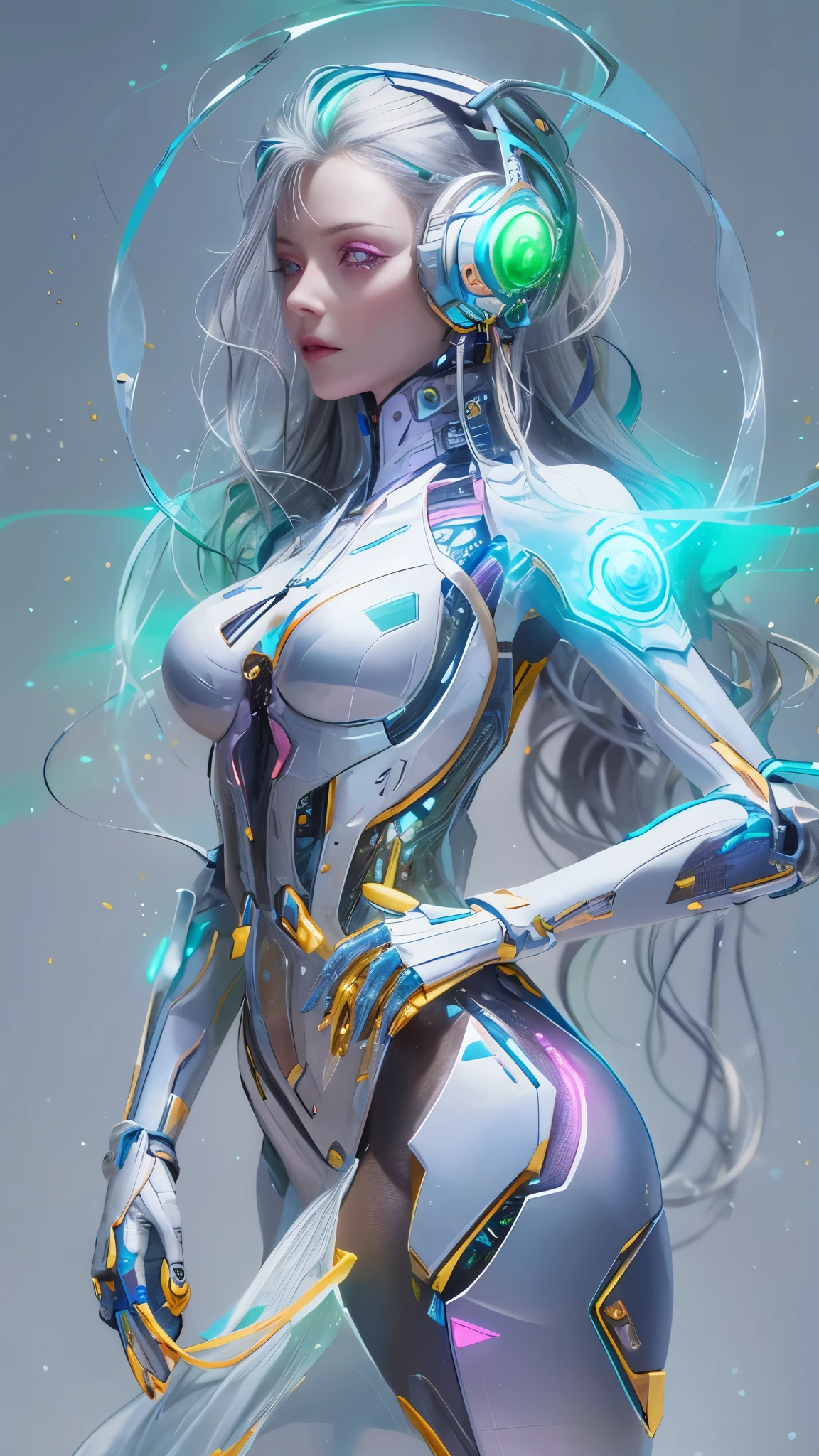 a image of a woman wearing colorful robot tech, in the style of free-flowing surrealism, shiny/glossy, precise and lifelike, hard surface modeling, precisionist lines, light silver and azure, engineering/construction and design,Luminous headphones, Luminous hair accessories, long hair, Luminous earrings, glow necklace, cyberpunk,transparent clothes