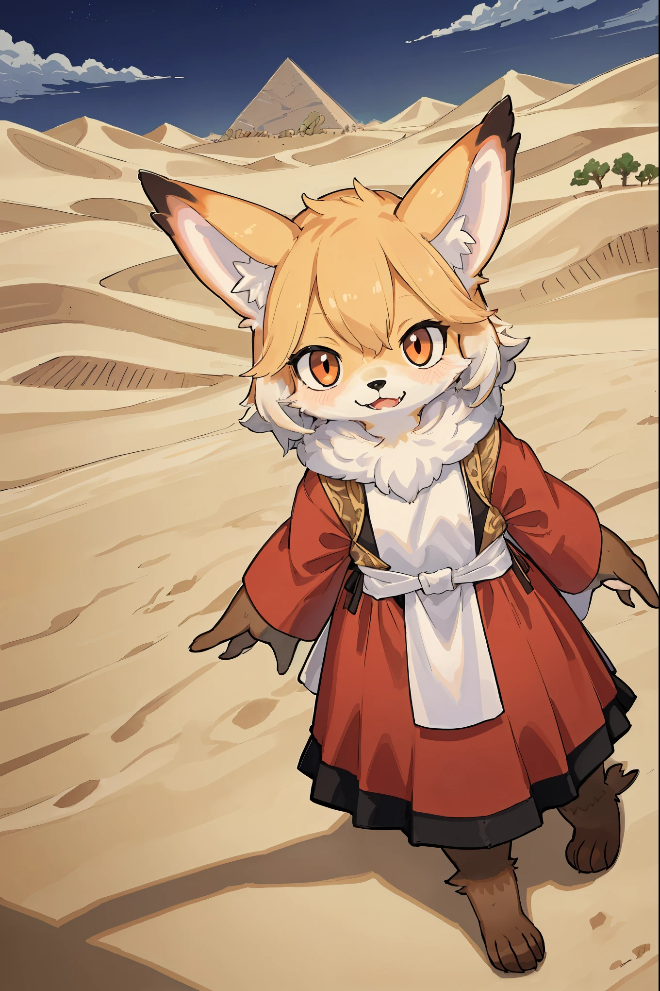 High-quality illustrations, masterpiece, absurdres, super high resolution, detailed background, desert, sand dunes, pyramid, Traditional costumes, Happy, joyful, Relux(Travel photos)perfect anatomy(kemono, furry anthro, National clothing)cinematic lighting, beautiful shadow, dynamic angle,