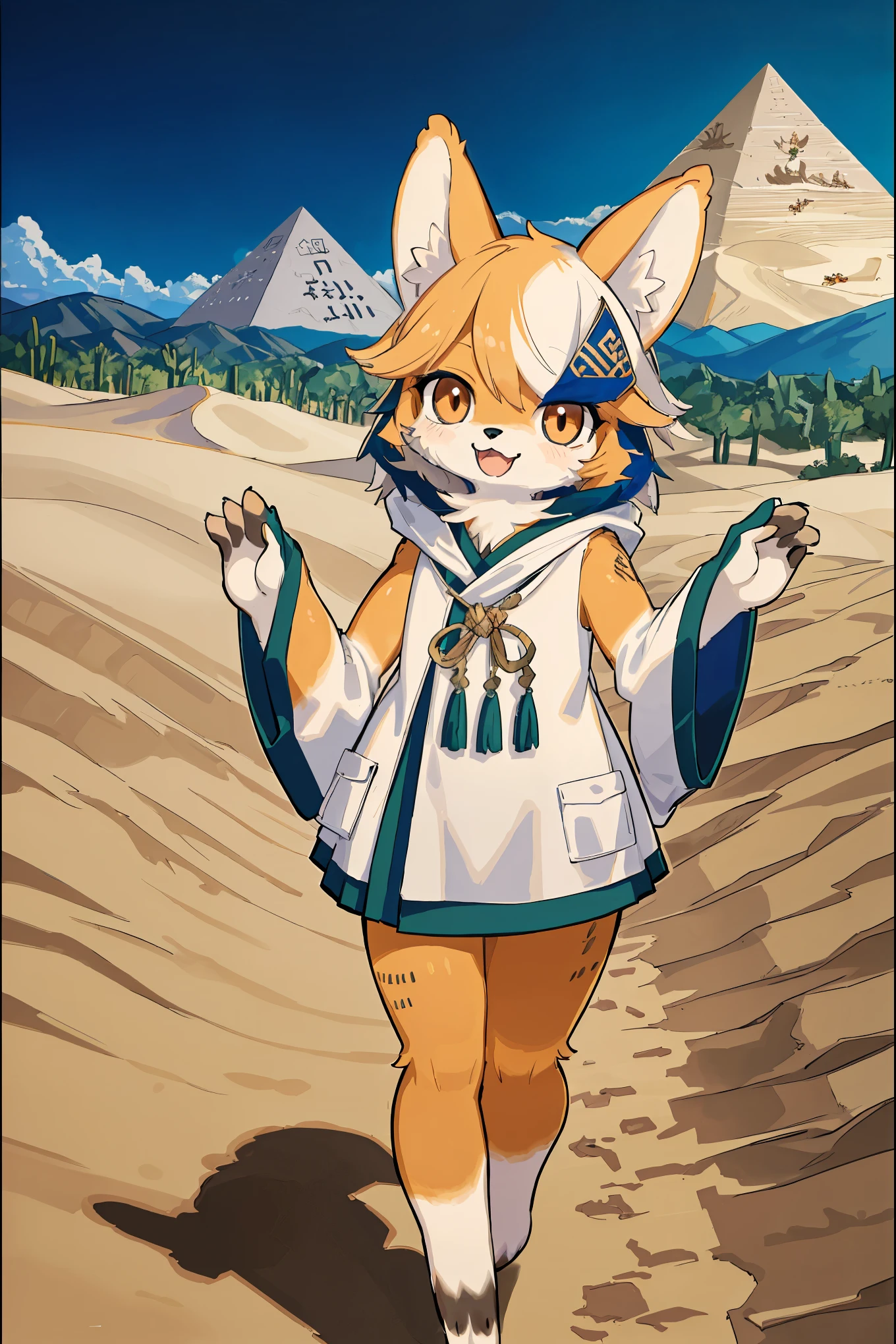 High-quality illustrations, masterpiece, absurdres, super high resolution, detailed background, desert, sand dunes, pyramid, Traditional costumes, Happy, joyful, Relux(Travel photos)perfect anatomy(kemono, furry anthro, National clothing)cinematic lighting, beautiful shadow, dynamic angle,