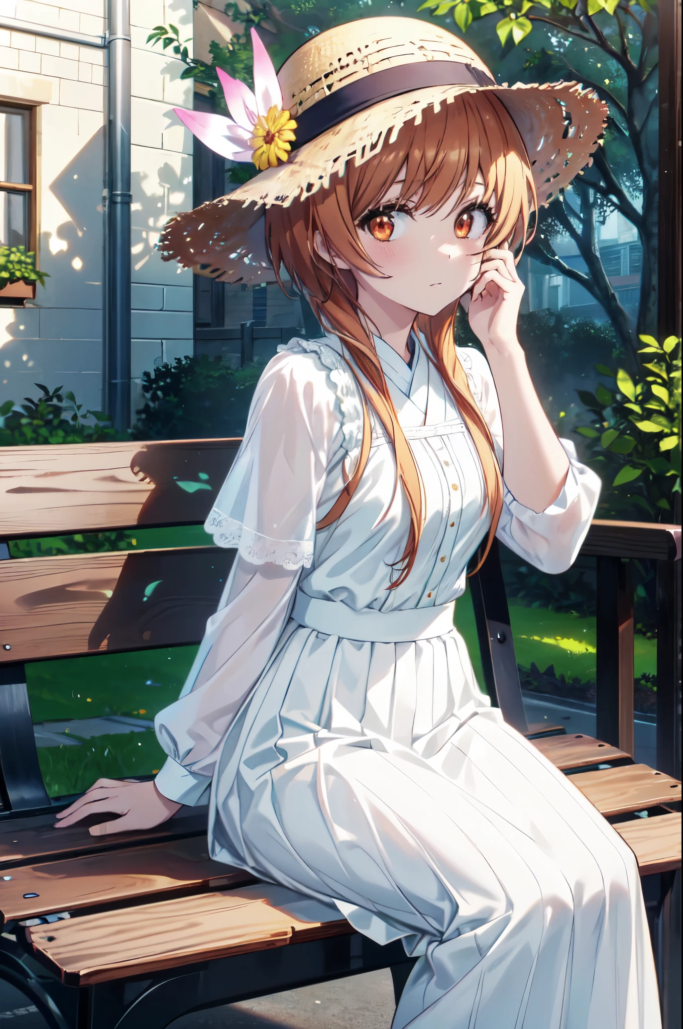 (Highly detailed CG Unity 8K wallpaper artwork), (highest quality), (super detailed), (Best Illustration), (best shadow), (absurd), 1 girl, alone, Marika Tachibana, dressy straw hat and white skirt，looking at the viewer, put your hand on your face, , solitary, garden，sitting on the bench