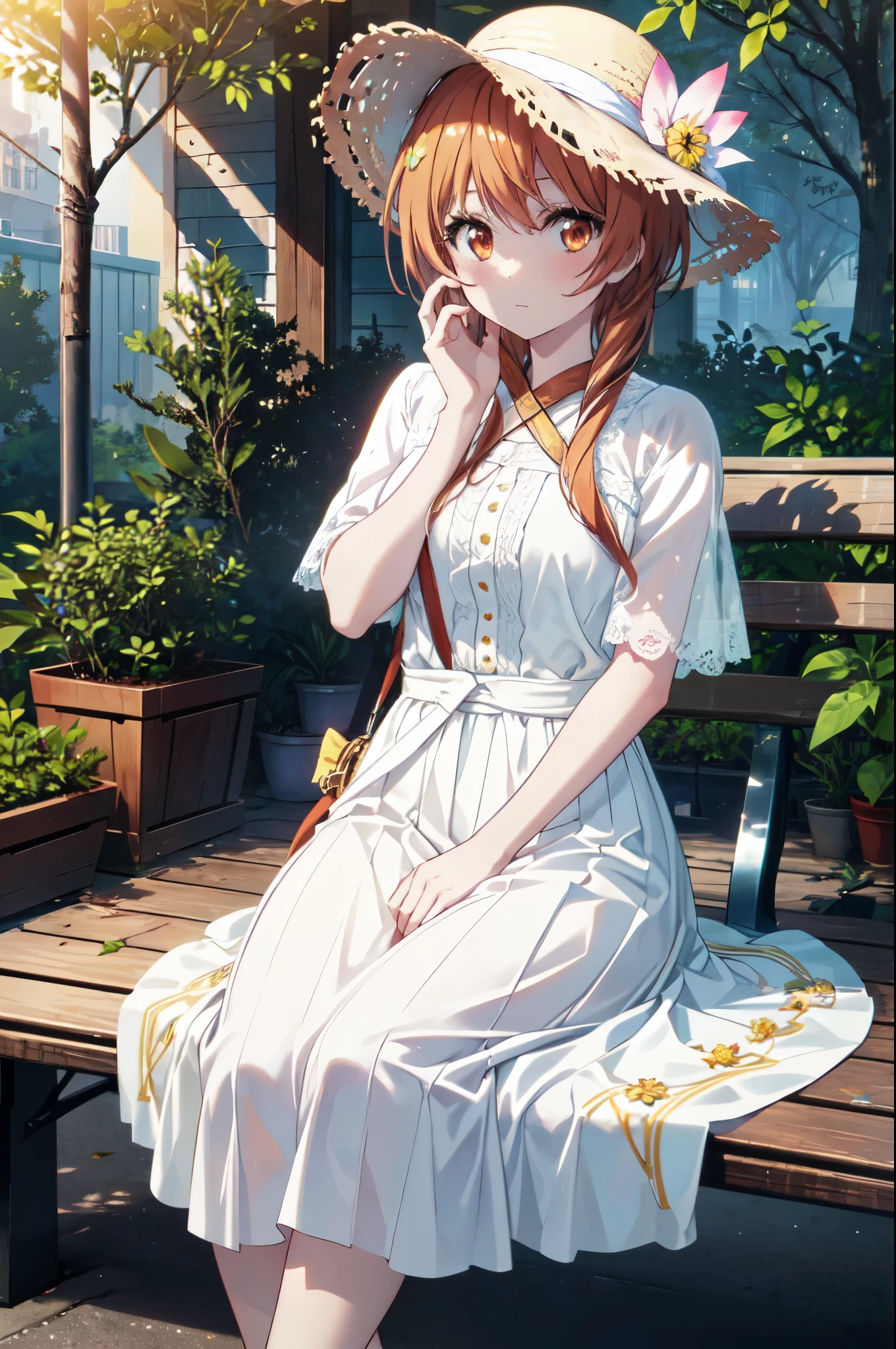 (Highly detailed CG Unity 8K wallpaper artwork), (highest quality), (super detailed), (Best Illustration), (best shadow), (absurd), 1 girl, alone, Marika Tachibana, dressy straw hat and white skirt，looking at the viewer, put your hand on your face, , solitary, garden，sitting on the bench