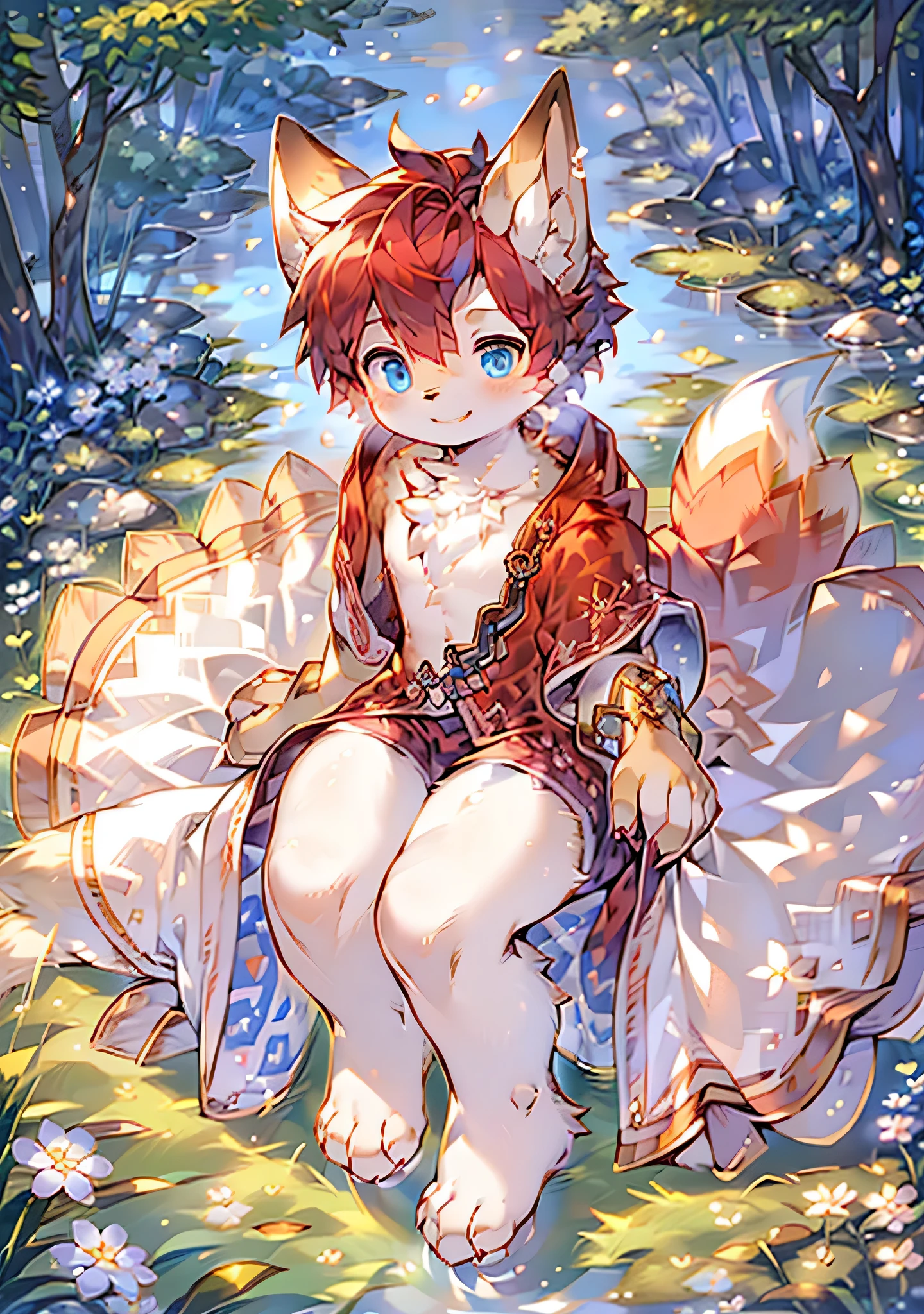 ( Painting style tags: charming / pink, Light and shadow label: soft light, scene tag: grassland/tree, character label: fox, Character description: furry tail, blue eyes, Silky red hair, Red cape, charming微笑, Background label: riverside, white flower, big tree, Details tab:breath of spring, perfect lines, )
