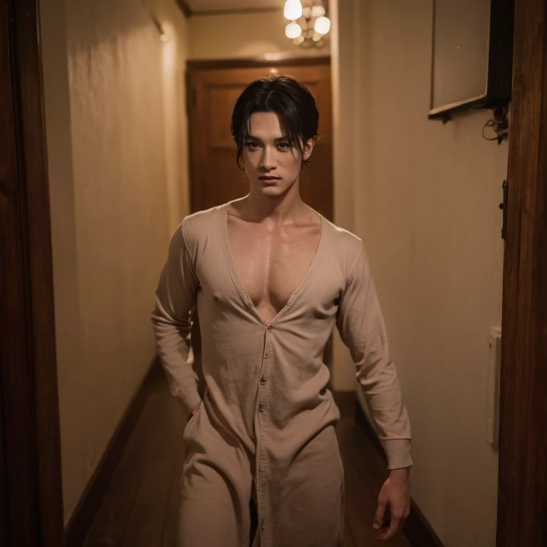 Handsome man in haunted house , horror, nsfw , evil spirit , horrible