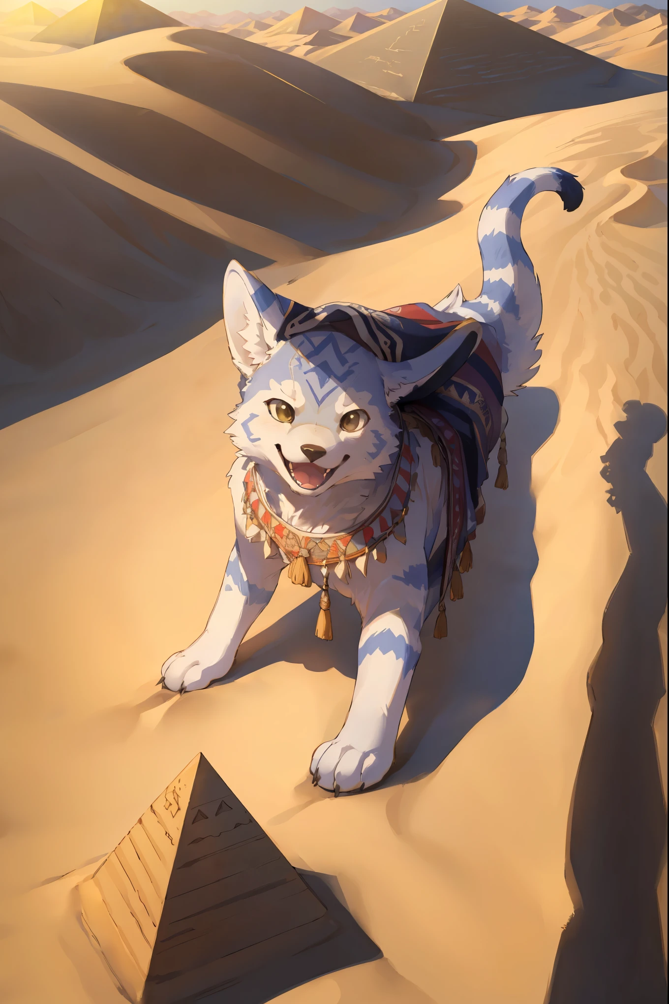 High-quality illustrations, masterpiece, absurdres, super high resolution, detailed background, desert, sand dunes, pyramid, Traditional costumes, Happy, joyful, Relux(Travel photos)perfect ???????(kemono, furry anthro, National clothing)cinematic lighting, beautiful shadow, dynamic angle,