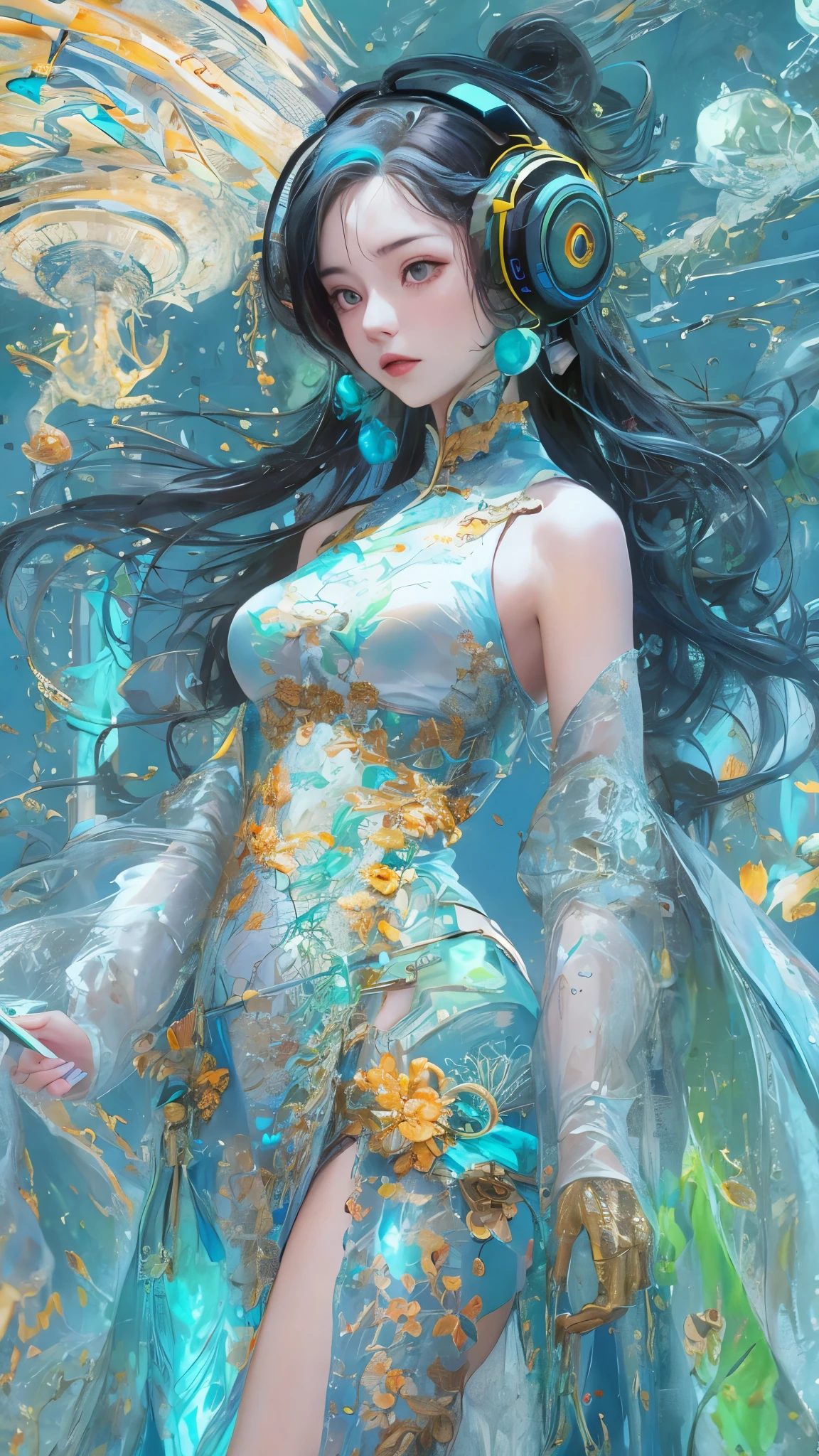 Ancient Chinese beauty, lazy pose, large lotus leaves, flowing blue tulle, clean colors, decisive cutting, white space, freehand, masterpiece, super detailed, epic composition, high quality, highest quality, 4k