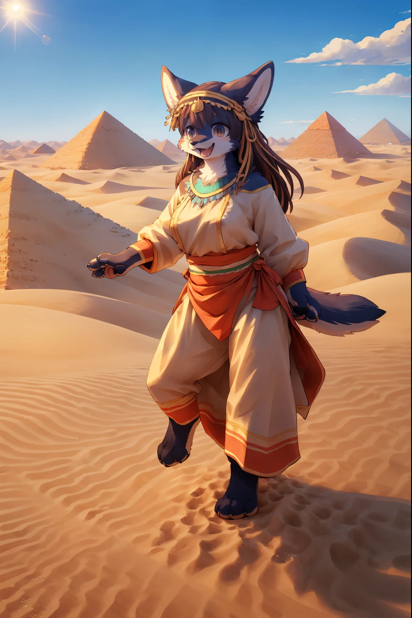 High-quality illustrations, masterpiece, absurdres, super high resolution, detailed background, desert, sand dunes, pyramid, Traditional costumes, Happy, joyful, Relux(Travel photos)perfect anatomy(kemono, furry anthro, National clothing)cinematic lighting, beautiful shadow, dynamic angle,