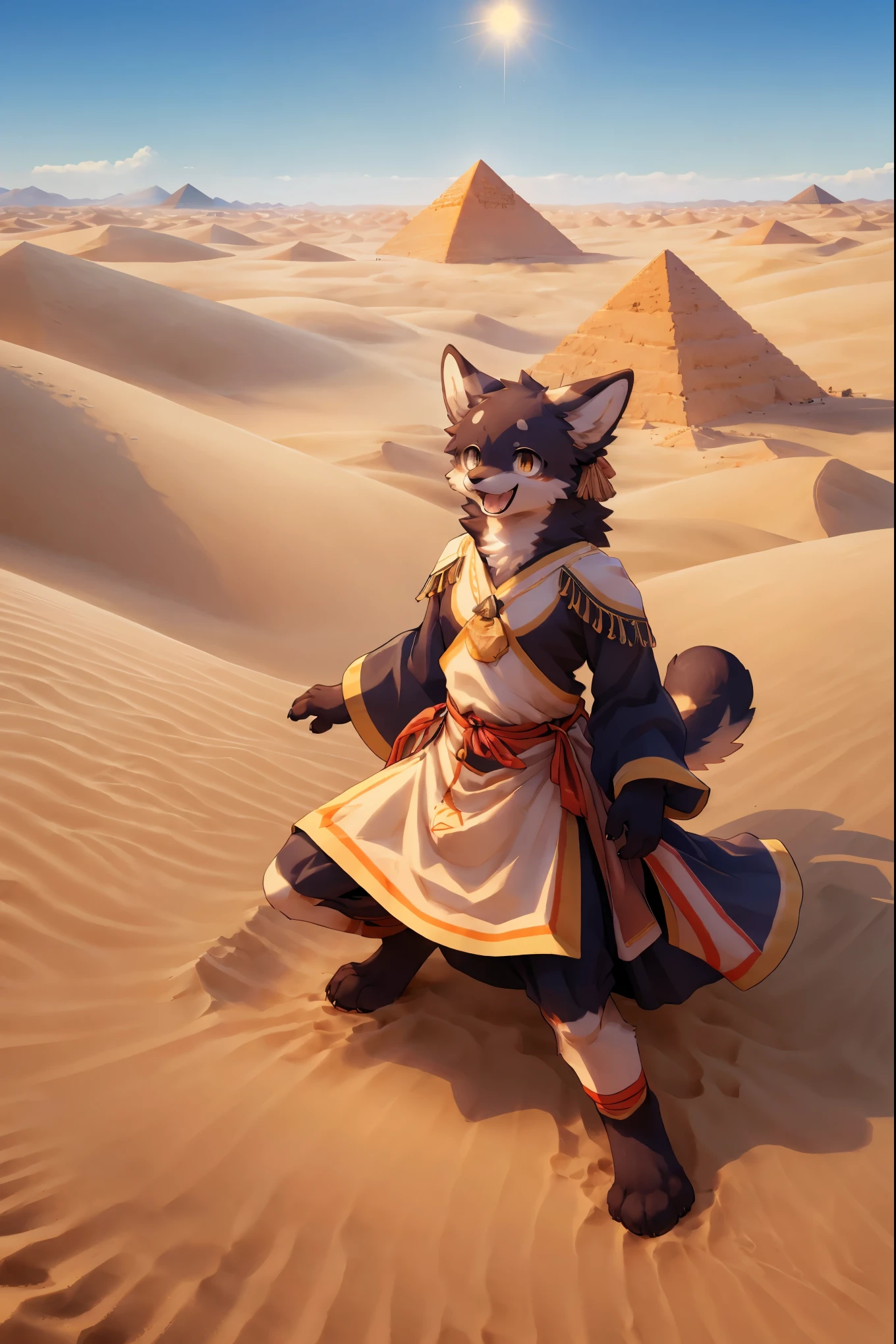 High-quality illustrations, masterpiece, absurdres, super high resolution, detailed background, desert, sand dunes, pyramid, Traditional costumes, Happy, joyful, Relux(Travel photos)perfect anatomy(kemono, furry anthro, National clothing)cinematic lighting, beautiful shadow, dynamic angle,