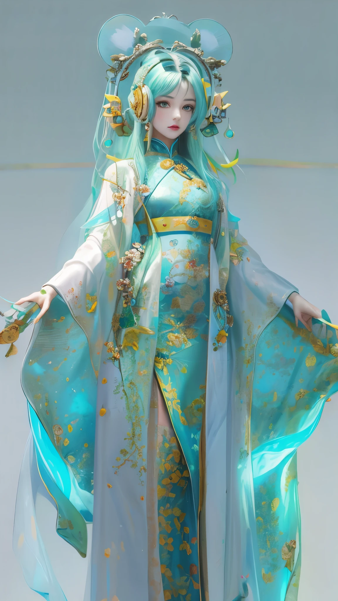 Tang suit,Chinese Hanfu,a image of a woman wearing colorful robot tech, in the style of free-flowing surrealism, shiny/glossy, precise and lifelike, hard surface modeling, precisionist lines, light silver and azure, engineering/construction and design,Luminous headphones, Luminous hair accessories, long hair, Luminous earrings, glow necklace, cyberpunk,transparent clothes