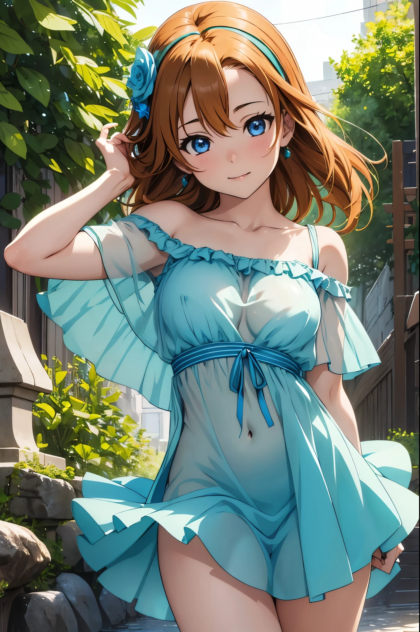 (MASTERPIECE), (Best Quality), (Super Detail), Official Art, kousaka honoka, blue eyes, Green and Yellow See-Through Dress, Sleeveless, Off Shoulder, nipples, pussy,no bra,no panties, NSFW, Thigh Focus, Navel Out