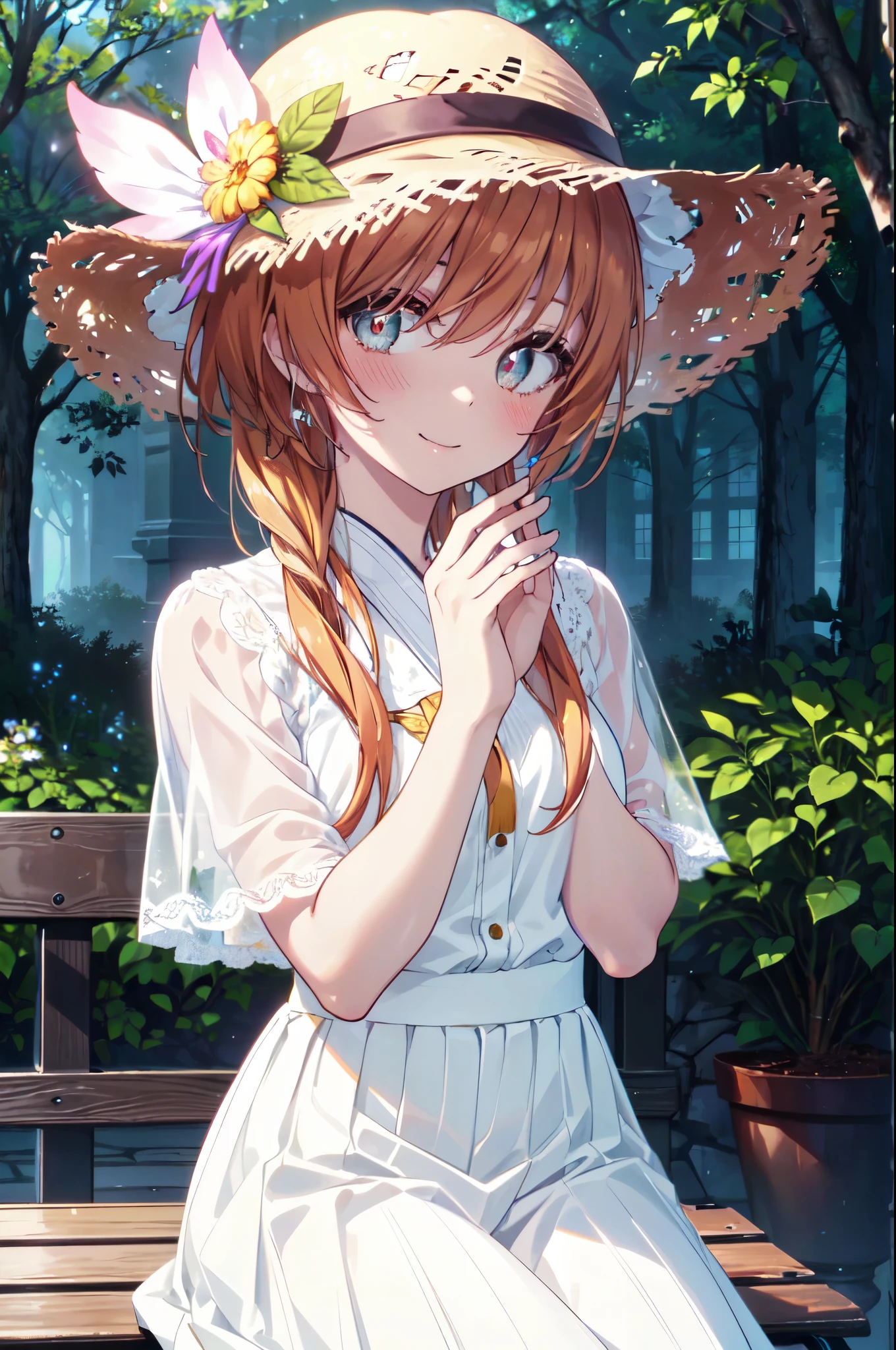 (Highly detailed CG Unity 8K wallpaper artwork), (highest quality), (super detailed), (Best Illustration), (best shadow), (absurd), 1 girl, alone, Marika Tachibana, dressy straw hat and white skirt，looking at the viewer , solitary, garden，sitting on the bench,smile,blush,(masterpiece:1.2), highest quality, High resolution, unity 8k wallpaper, (shape:0.8), (beautiful and detailed eyes:1.6), highly detailed face, perfect lighting, Very detailed CG, (perfect hands, perfect anatomy),