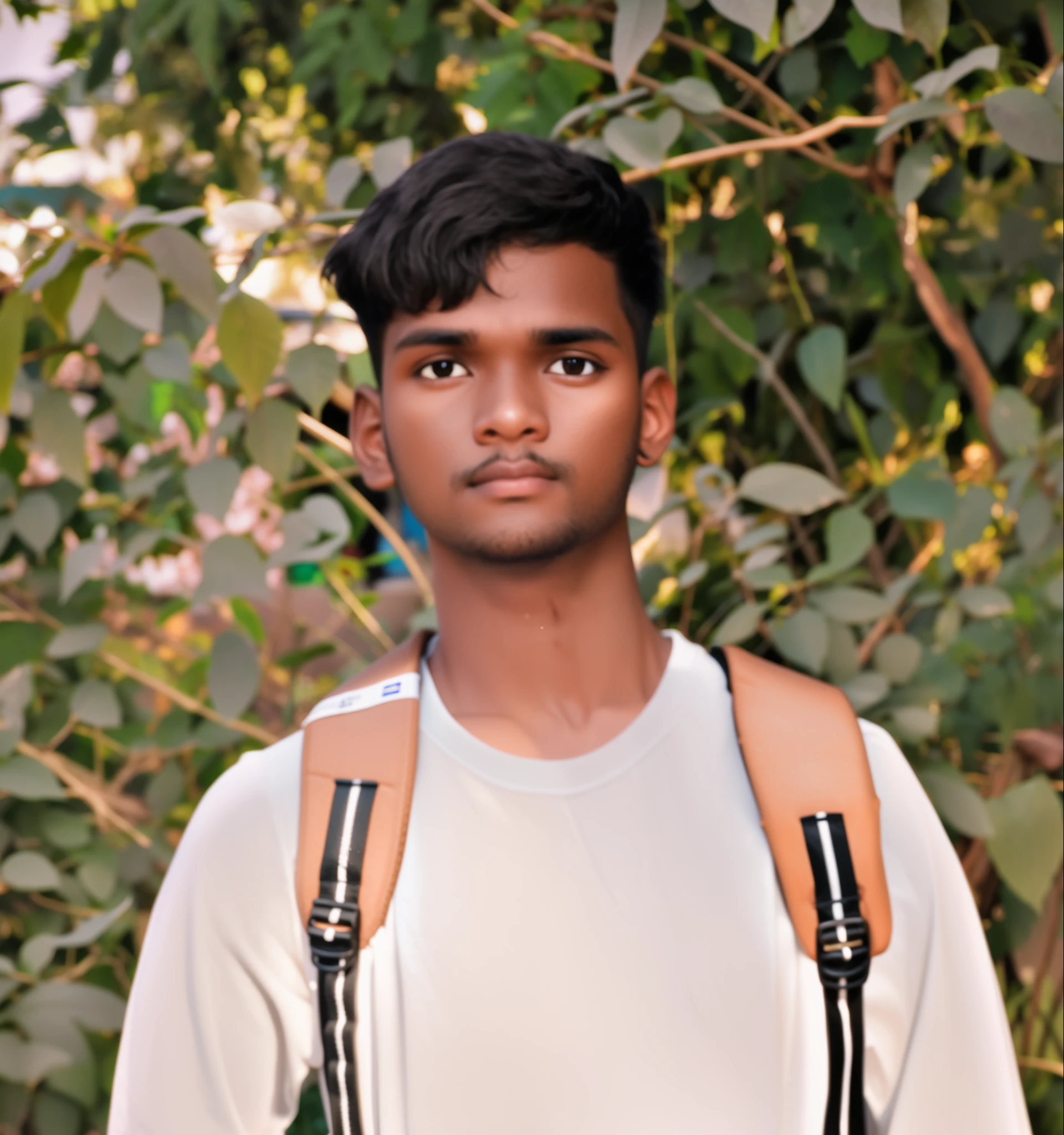 arafed man with a backpack standing in front of a bush, full body photogenic shot, jayison devadas, around 1 9 years old, vinayak, riyahd cassiem, full body photgraph, mohamed chahin, at college, full body picture, full protrait, full body portrait shot, taken with canon 8 0 d