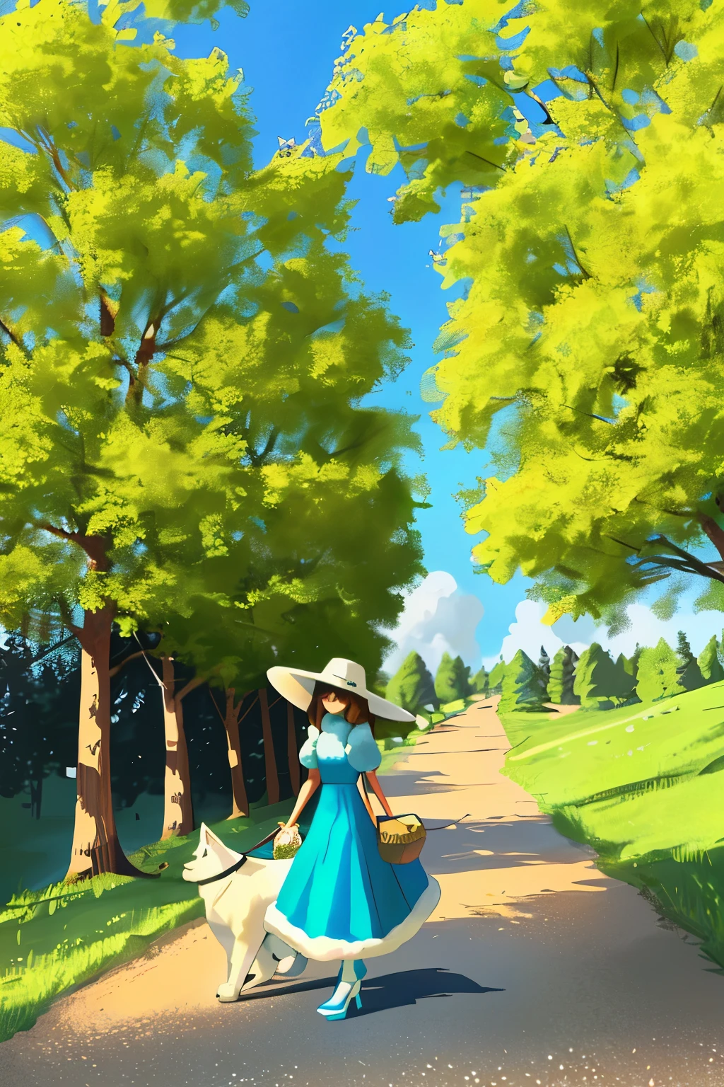 Ultra-detailed wide-angle illustration of a girl in cartoon style, walking her adorable pet dog. (Girl: 1.2, wearing a sunhat, long skirt with flowers, and high heels) (Dog: 1.5, with fluffy fur, bright eyes, and a leash) beautiful natural environment, (green grass, trees, and a bright blue sky with fluffy clouds) Girl is depicted with a happy expression, looking at her dog with love, as they walk towards a picturesque forest path. Sunlight filtering through the leaves, creating dappled patterns on the ground. The fine details of the girl's outfit and the texture of the dog's fur