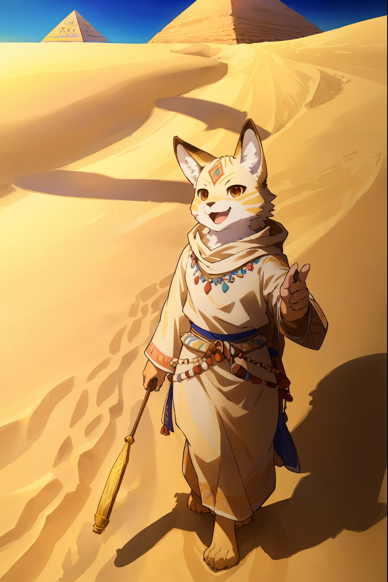 High-quality illustrations, masterpiece, absurdres, super high resolution, detailed background, desert, sand dunes, pyramid, oasis,Traditional costumes, Happy, joyful, Relux(Travel photos)perfect anatomy(kemono, furry anthro, National clothing)cinematic lighting, beautiful shadow, dynamic angle,