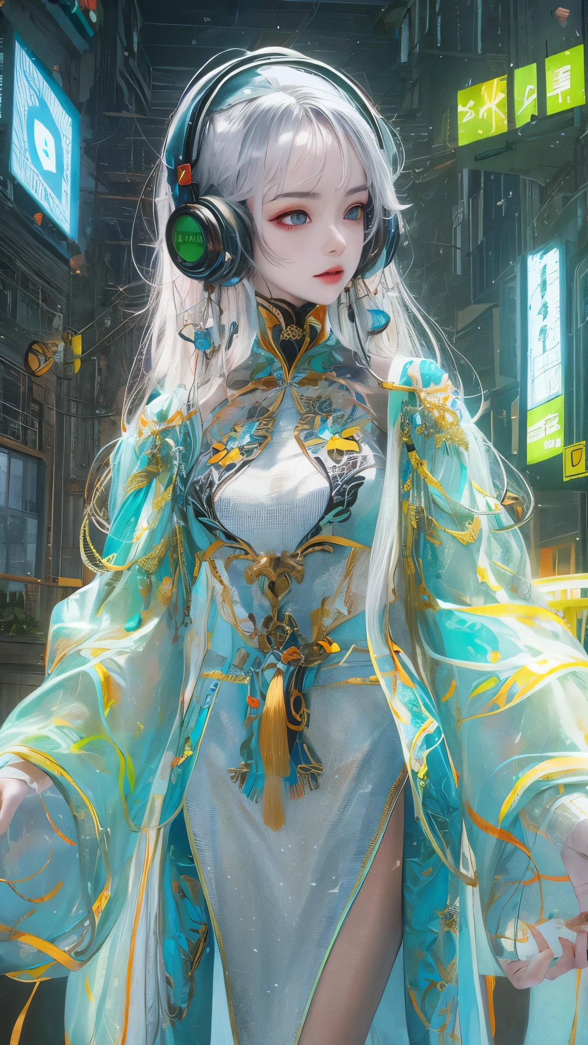 Tang suit,Chinese Hanfu,a image of a woman wearing colorful robot tech, in the style of free-flowing surrealism, shiny/glossy, precise and lifelike, hard surface modeling, precisionist lines, light silver and azure, engineering/construction and design,Luminous headphones, Luminous hair accessories, long hair, Luminous earrings, glow necklace, cyberpunk,transparent clothes,rainbow colors