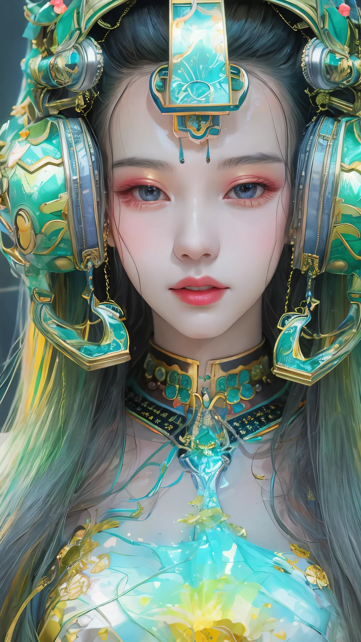 Tang suit,Chinese Hanfu,a image of a woman wearing colorful robot tech, in the style of free-flowing surrealism, shiny/glossy, precise and lifelike, hard surface modeling, precisionist lines, light silver and azure, engineering/construction and design,Luminous headphones, Luminous hair accessories, long hair, Luminous earrings, glow necklace, cyberpunk,transparent clothes,rainbow colors