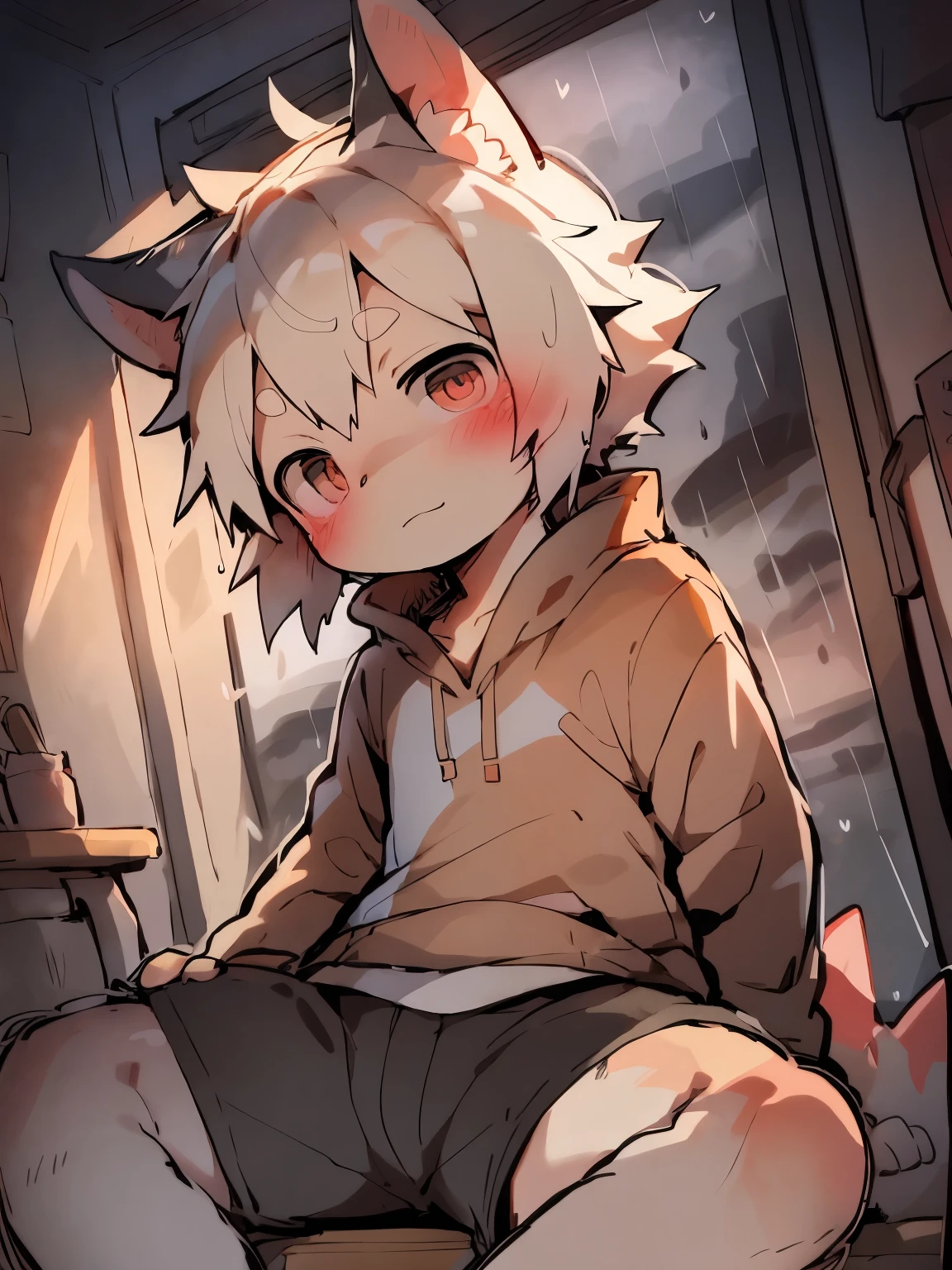 shota,White color hair ,Man with a,Q Version,(toddler,baby), Panicked face, Gore, bloods, Severed testicles, Kneeling position