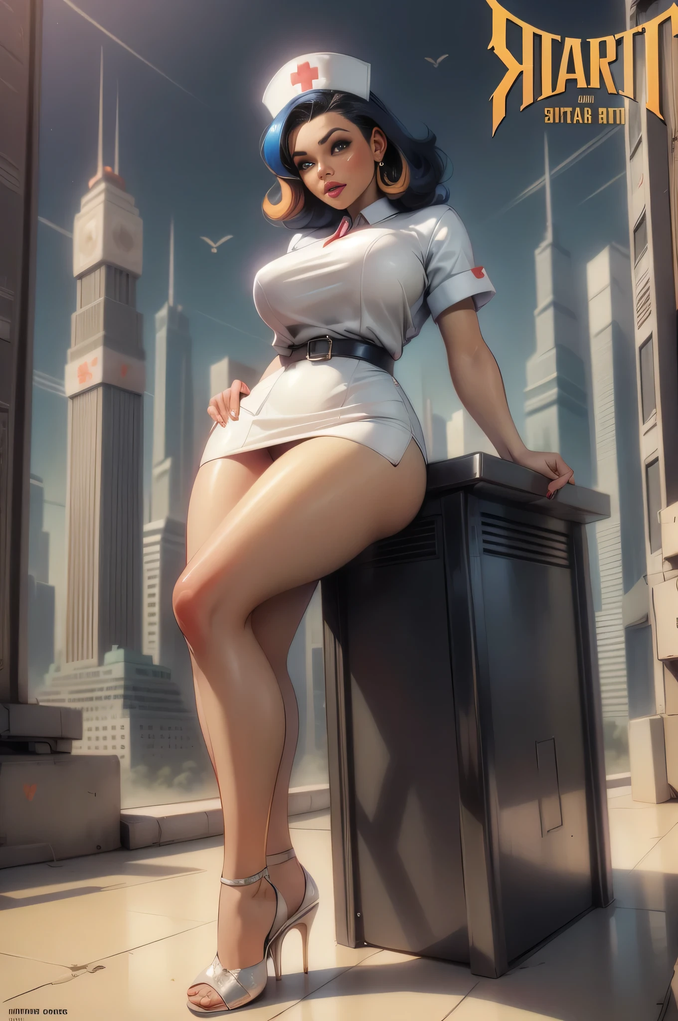 (Masterpiece, Best Quality), 8k Wallpaper, highly detailed, poster, vintage sci-fi film, 1960s, a magazine cover with sexy giant nurse towering over a tiny city, a portrait by Paul Kane, cinematic movie poster, perfect face, colorful hair, Attack of the 50 foot woman, giant woman, tiny city, lines, abstract, mid century modern, movie poster, vintage, white nurse uniform, stiletto high heel shoes, tiny destroyed skyscrapers city, retrofuturism, pulp sci fi, pulp sci-fi, 60's pulp illustration, scifi pulp, pulp book cover art, pulp scifi, old retro pulp comic cover, pulp science fiction, pulp scifi illustration, vintage scifi, skyscrapers sized under her knee