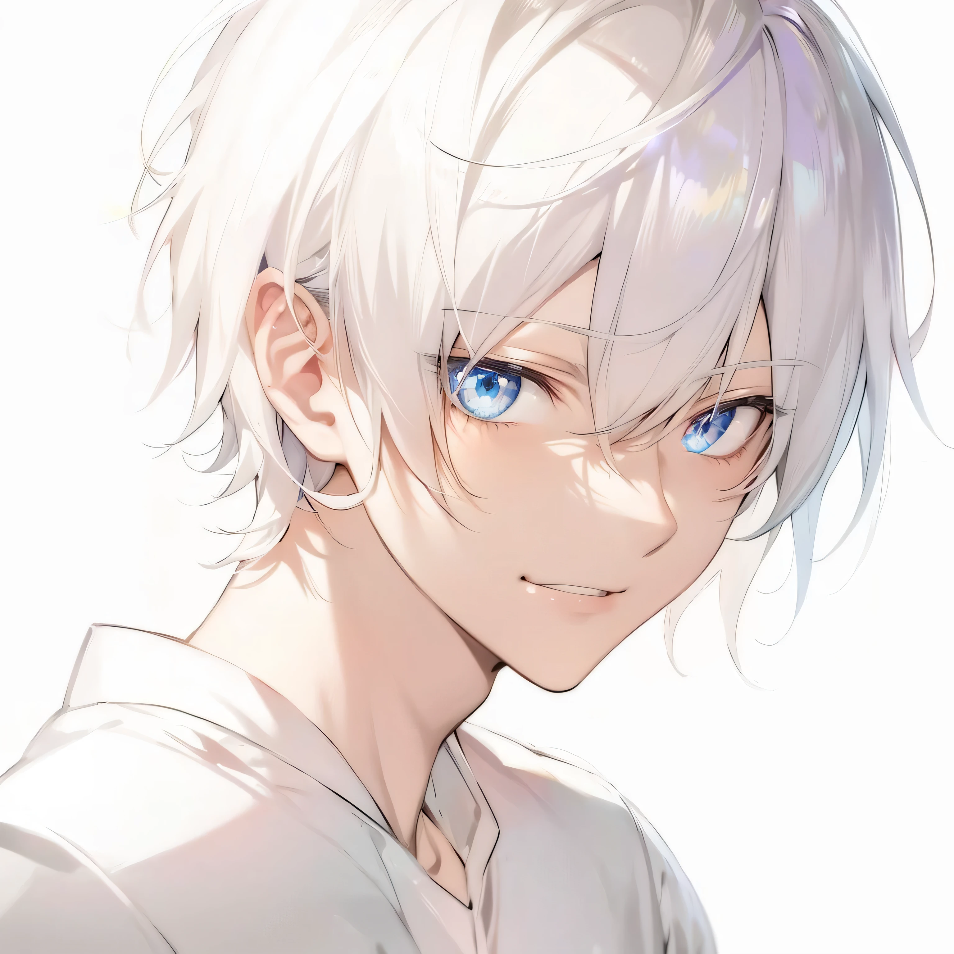 anime boy with white hair and blue eyes staring at the camera, tall anime guy with blue eyes, kaworu nagisa, young anime man, white haired, male anime character, anime boy, white-haired, nagito komaeda, anime handsome man, male anime style, cute natural anime face, hajime yatate, anime character