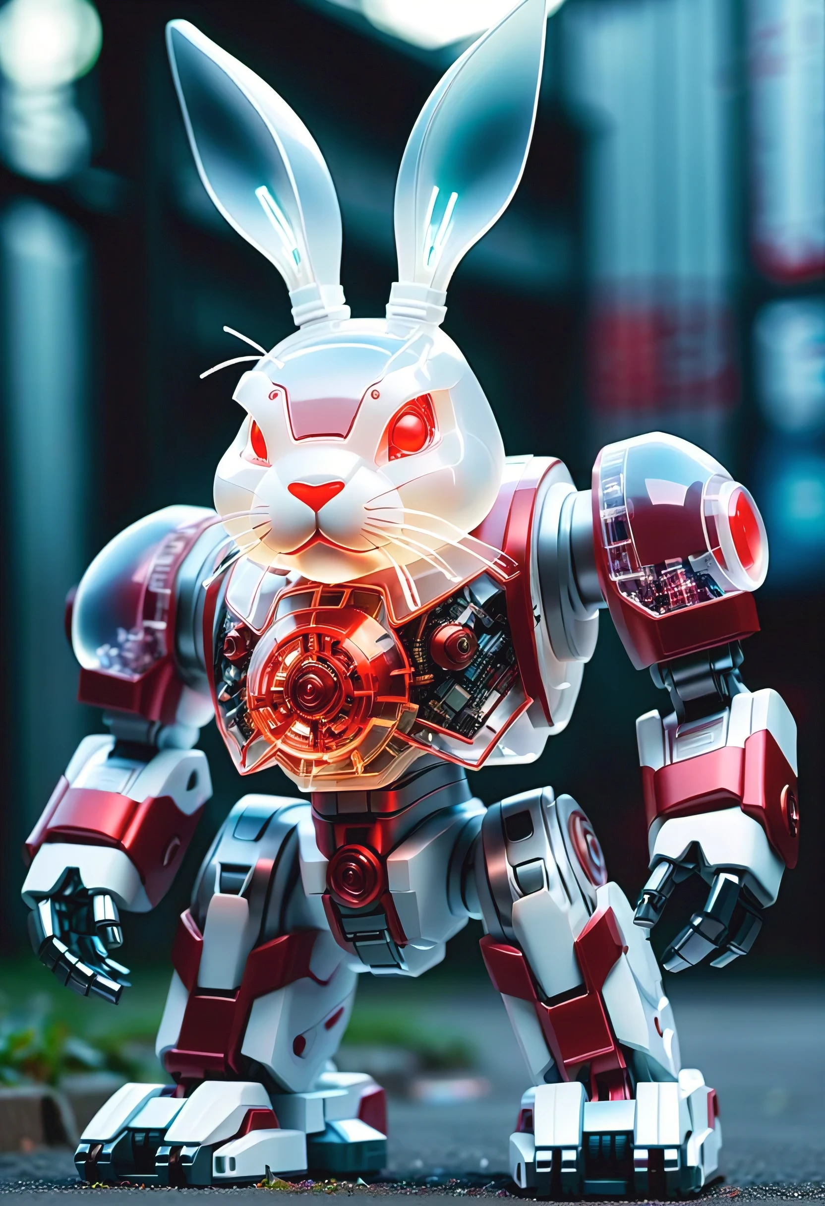 (Blind box toy style:1.2),personification, huge (translucent machinery:1.2) Rabbit head contains a lot of electronic components, Luminous electronic eye. The mecha stands on the ground in a fighting posture. White and red color scheme.(Ray tracing, Well-designed, high detail, masterpiece, best quality, ultra high definition)