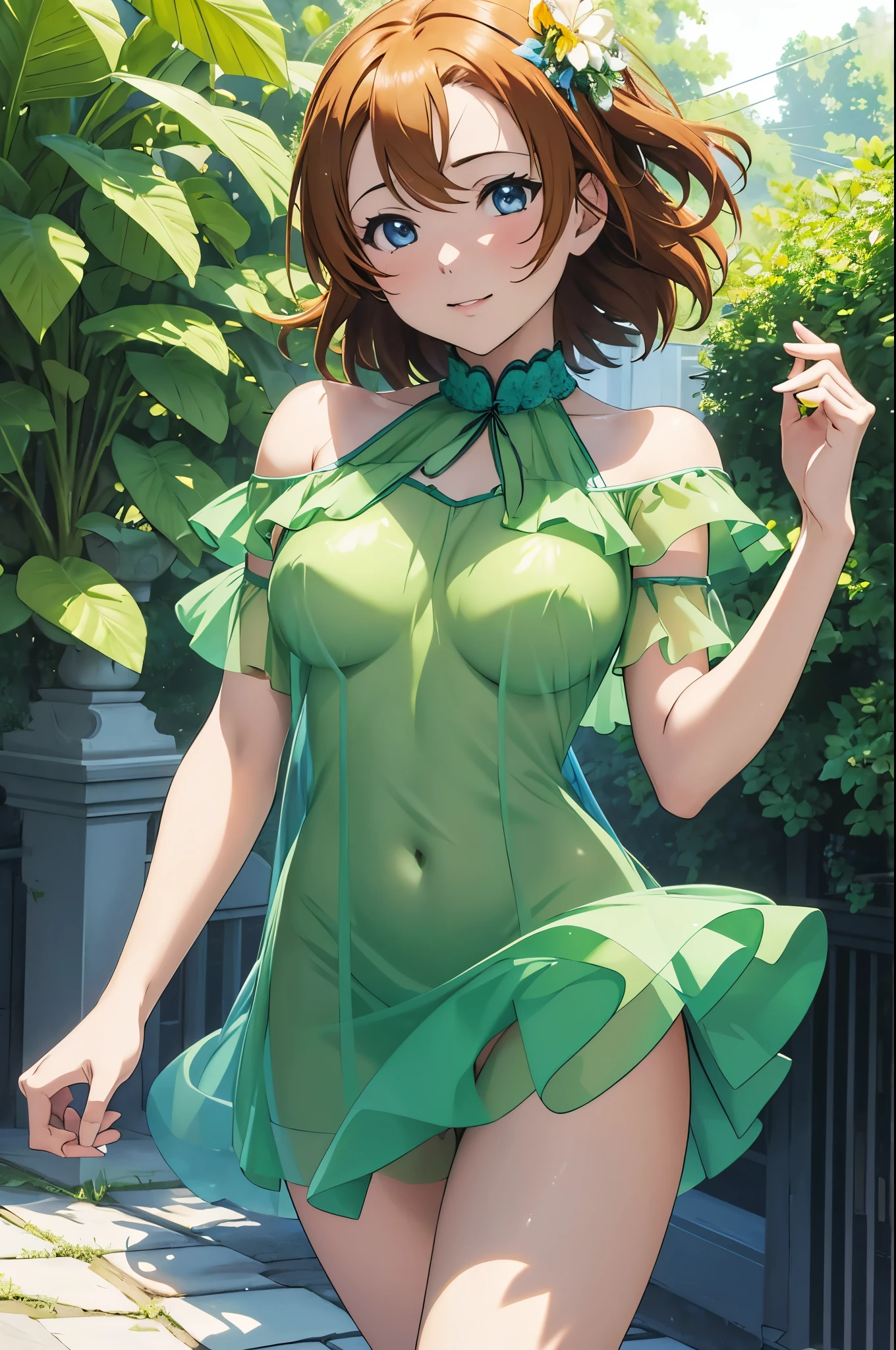 (MASTERPIECE), (Best Quality), (Super Detail), Official Art, kousaka honoka, blue eyes, Green and Yellow See-Through Dress, Sleeveless, Off Shoulder, nipples, pussy,no bra,no panties, NSFW, Thigh Focus, Navel Out