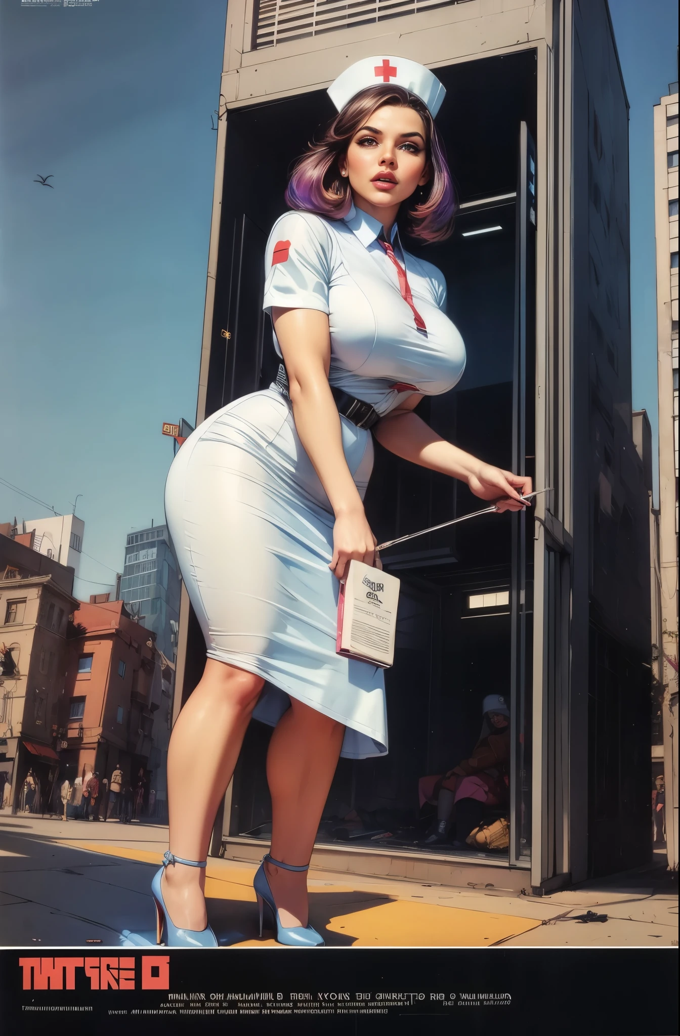(Masterpiece, Best Quality), 8k Wallpaper, highly detailed, poster, vintage sci-fi film, 1960s, a magazine cover with sexy giant nurse towering over a tiny city, a portrait by Paul Kane, cinematic movie poster, perfect face, colorful hair, Attack of the 50 foot woman, giant woman, tiny city, lines, abstract, mid century modern, movie poster, vintage, white nurse uniform, stiletto high heel shoes, tiny destroyed skyscrapers city, retrofuturism, pulp sci fi, pulp sci-fi, 60's pulp illustration, scifi pulp, pulp book cover art, pulp scifi, old retro pulp comic cover, pulp science fiction, pulp scifi illustration, vintage scifi, skyscrapers sized under her knee
