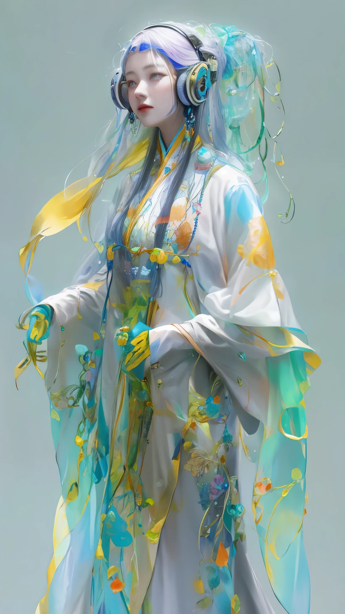 Tang suit，Chinese Hanfu，a image of a woman wearing colorful robot tech, in the style of free-flowing surrealism, shiny/glossy, precise and lifelike, hard surface modeling, precisionist lines, light silver and azure, engineering/construction and design，Luminous headphones, Luminous hair accessories, long hair, Luminous earrings, glow necklace, cyberpunk,transparent clothes，rainbow colors