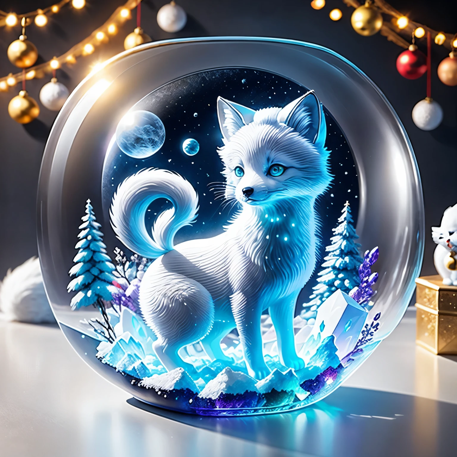 (La best quality,high resolution,super detailed,actual)，Arctic fox formed from jelly，snow，in the room，Christmas decoration，surrounded by christmas gifts，（（A masterpiece full of fantasy elements）））， （（best quality））， （（intricate details））（8k）