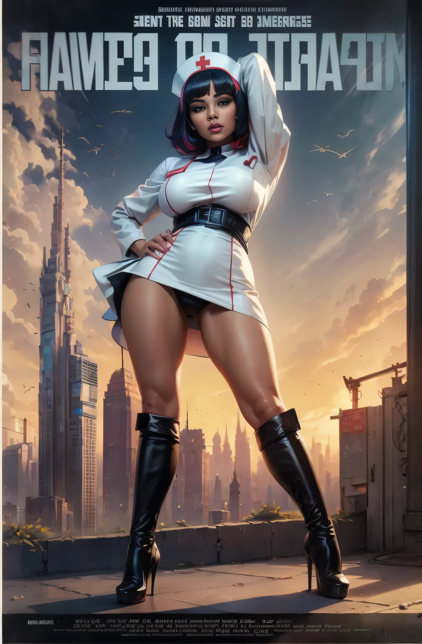 (Masterpiece, Best Quality), 8k Wallpaper, highly detailed, poster, vintage sci-fi film, 1960s, a magazine cover with sexy giant nurse towering over a tiny city, a portrait by Paul Kane, cinematic movie poster, perfect face, colorful hair, Attack of the 50 foot woman, giant woman, tiny city, lines, abstract, mid century modern, movie poster, vintage, white nurse uniform, stiletto high heel shoes, tiny destroyed skyscrapers city, retrofuturism, pulp sci fi, pulp sci-fi, 60's pulp illustration, scifi pulp, pulp book cover art, pulp scifi, old retro pulp comic cover, pulp science fiction, pulp scifi illustration, vintage scifi, skyscrapers sized under her knee