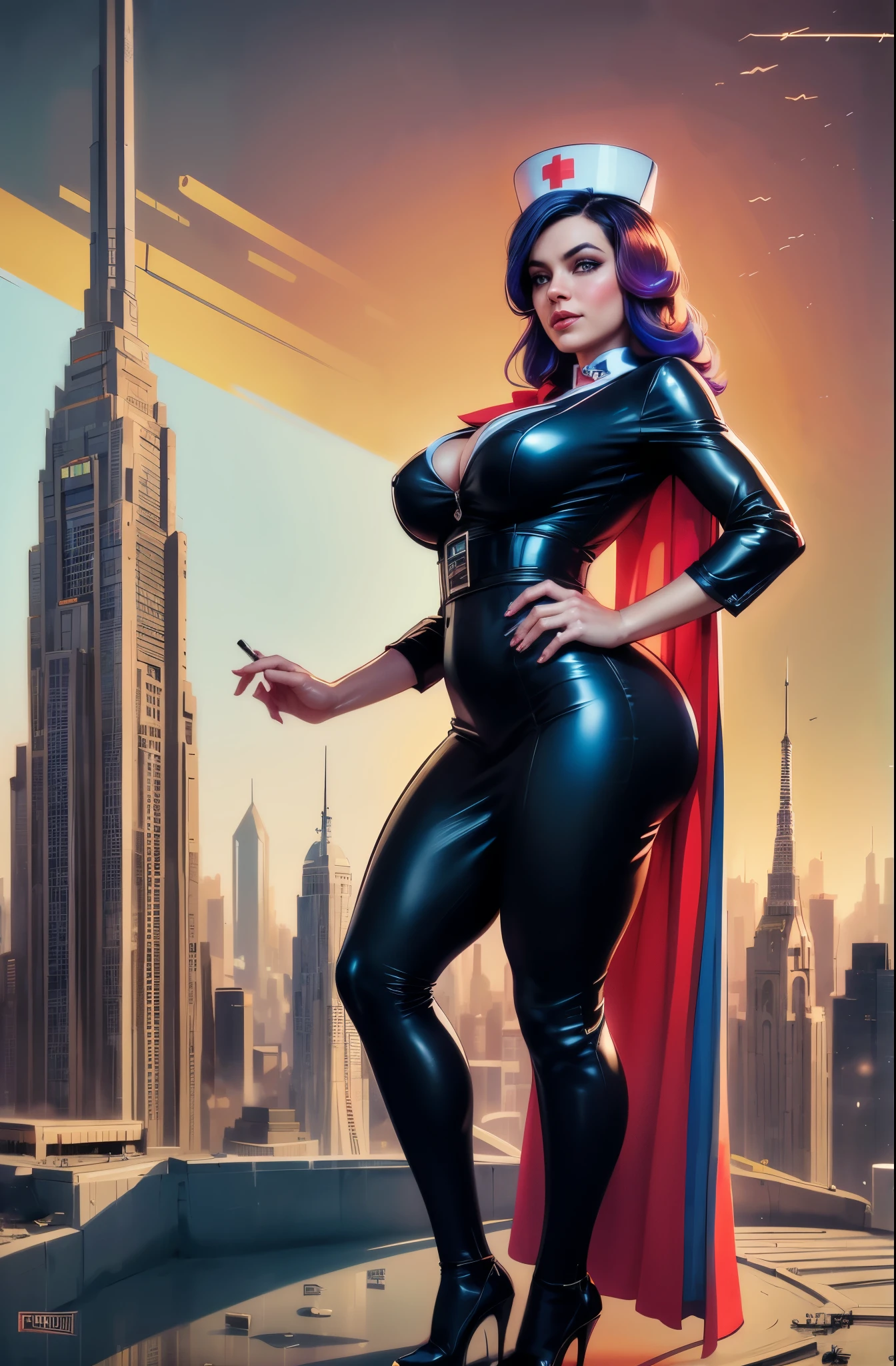 (Masterpiece, Best Quality), 8k Wallpaper, highly detailed, poster, vintage sci-fi film, 1960s, a magazine cover with sexy giant nurse towering over a tiny city, a portrait by Paul Kane, cinematic movie poster, perfect face, colorful hair, Attack of the 50 foot woman, giant woman, tiny city, lines, abstract, mid century modern, movie poster, vintage, white nurse uniform, stiletto high heel shoes, tiny destroyed skyscrapers city, retrofuturism, pulp sci fi, pulp sci-fi, 60's pulp illustration, scifi pulp, pulp book cover art, pulp scifi, old retro pulp comic cover, pulp science fiction, pulp scifi illustration, vintage scifi, skyscrapers sized under her knee
