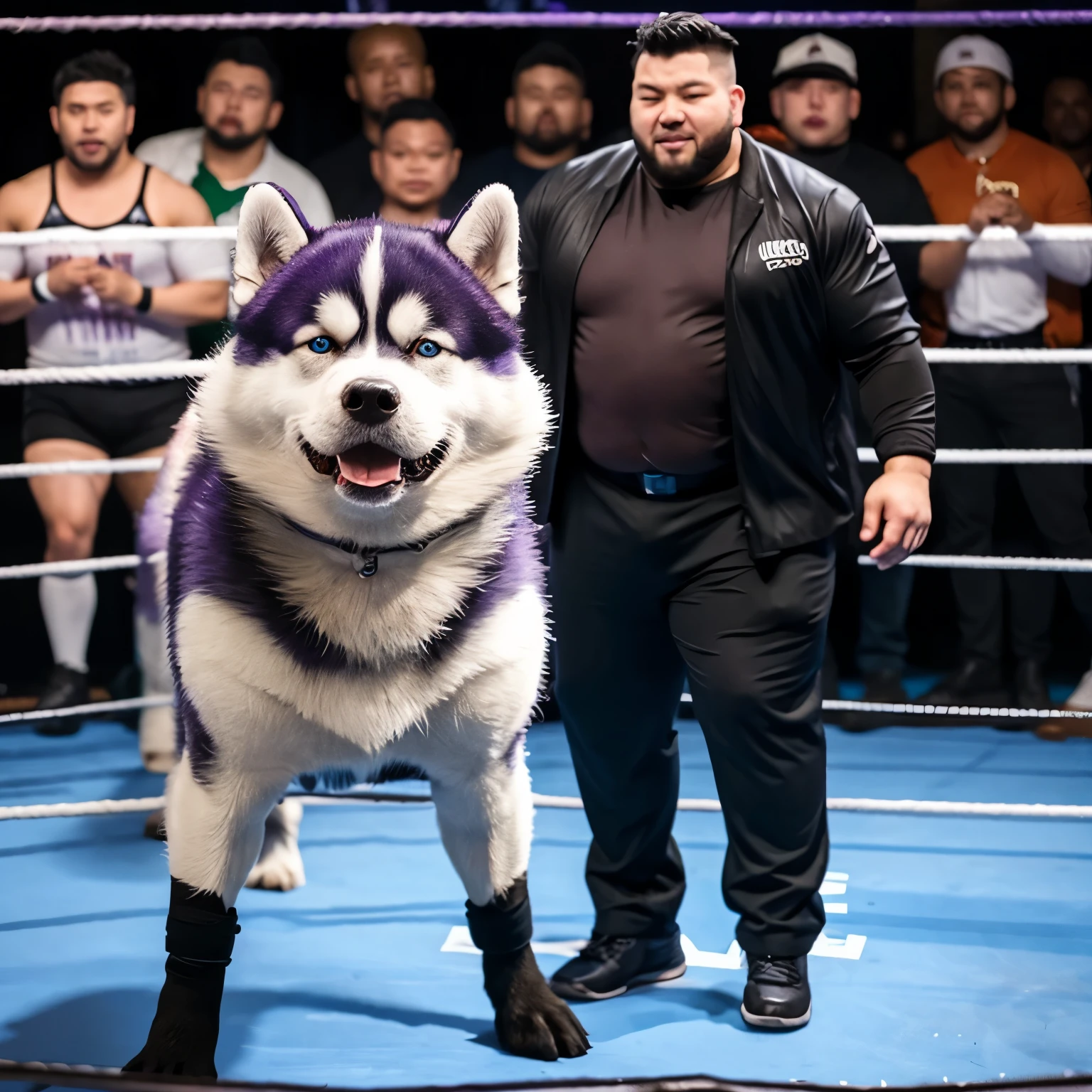 A plump professional wrestler who turns into a husky dog