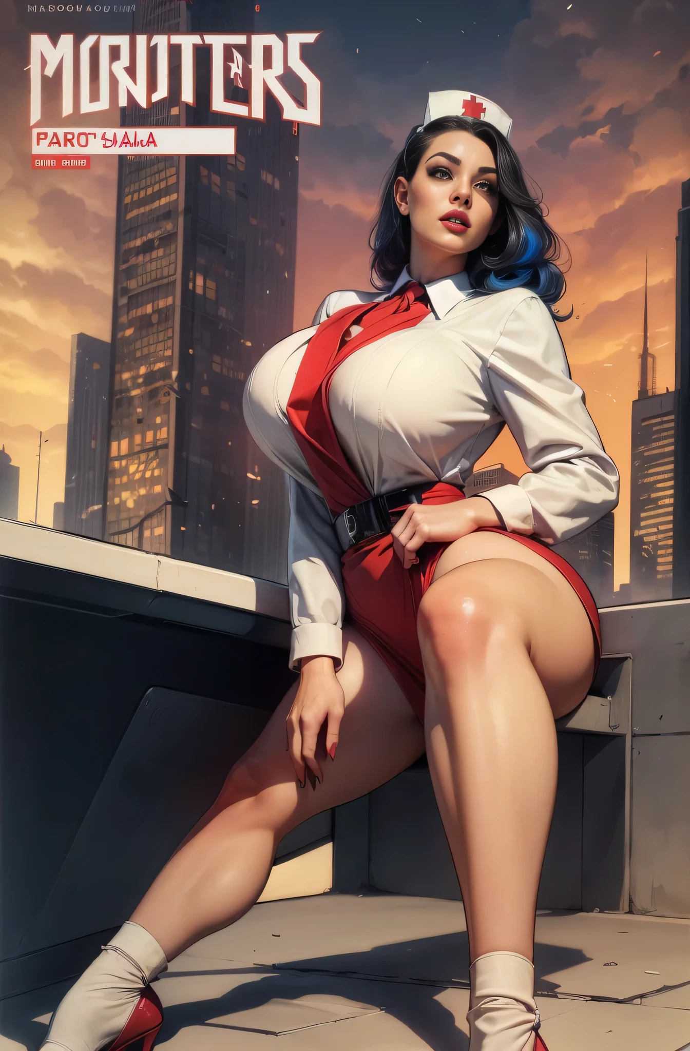 (Masterpiece, Best Quality), 8k Wallpaper, highly detailed, poster, vintage sci-fi film, 1960s, a magazine cover with sexy giant nurse towering over a tiny city, a portrait by Paul Kane, cinematic movie poster, perfect face, colorful hair, Attack of the 50 foot woman, giant woman, tiny city, lines, abstract, mid century modern, movie poster, vintage, white nurse uniform, stiletto high heel shoes, tiny destroyed skyscrapers city, retrofuturism, pulp sci fi, pulp sci-fi, 60's pulp illustration, scifi pulp, pulp book cover art, pulp scifi, old retro pulp comic cover, pulp science fiction, pulp scifi illustration, vintage scifi, skyscrapers sized under her knee