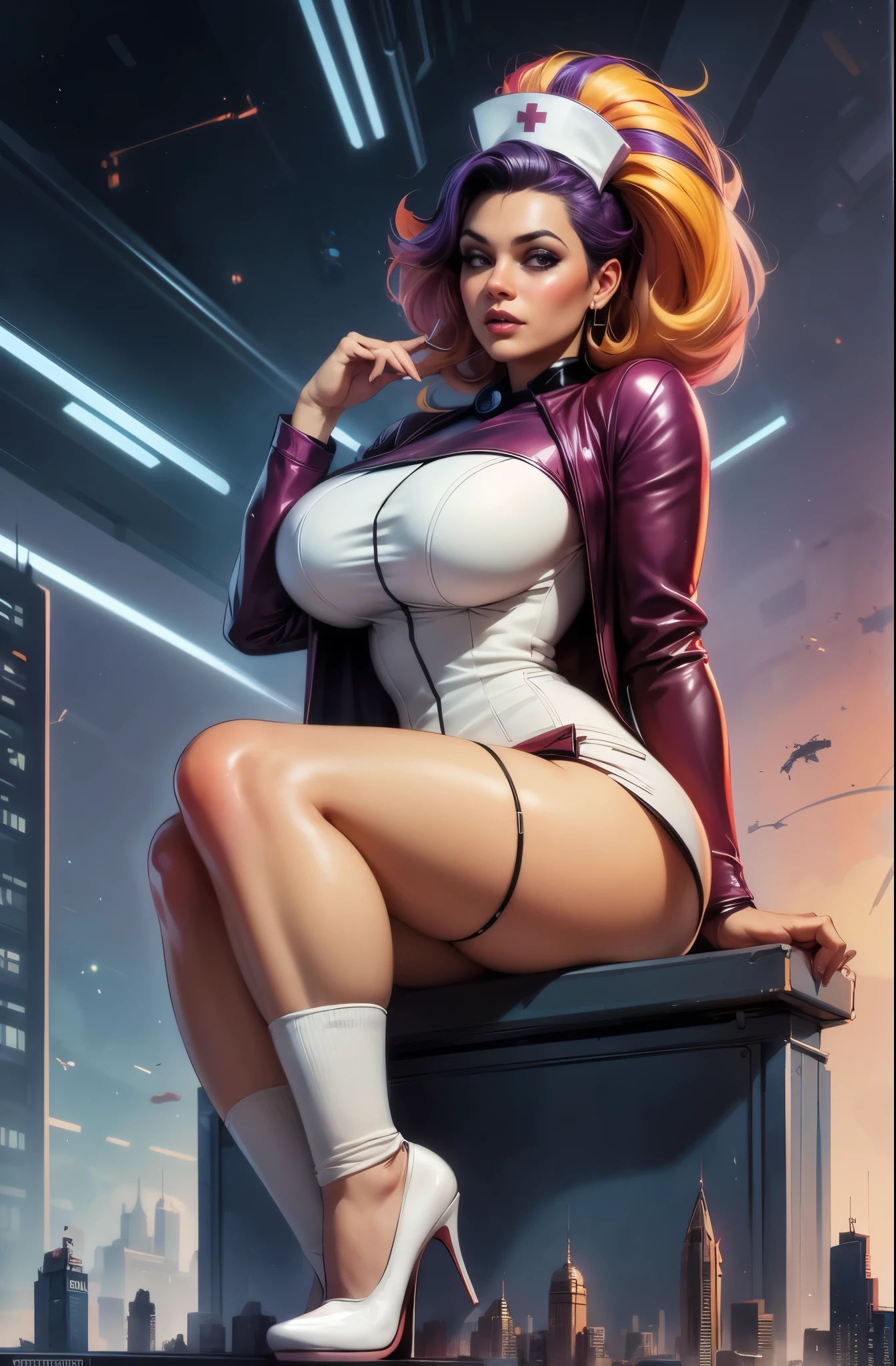(Masterpiece, Best Quality), 8k Wallpaper, highly detailed, poster, vintage sci-fi film, 1960s, a magazine cover with sexy giant nurse towering over a tiny city, a portrait by Paul Kane, cinematic movie poster, perfect face, colorful hair, Attack of the 50 foot woman, giant woman, tiny city, lines, abstract, mid century modern, movie poster, vintage, white nurse uniform, stiletto high heel shoes, tiny destroyed skyscrapers city, retrofuturism, pulp sci fi, pulp sci-fi, 60's pulp illustration, scifi pulp, pulp book cover art, pulp scifi, old retro pulp comic cover, pulp science fiction, pulp scifi illustration, vintage scifi, skyscrapers sized under her knee