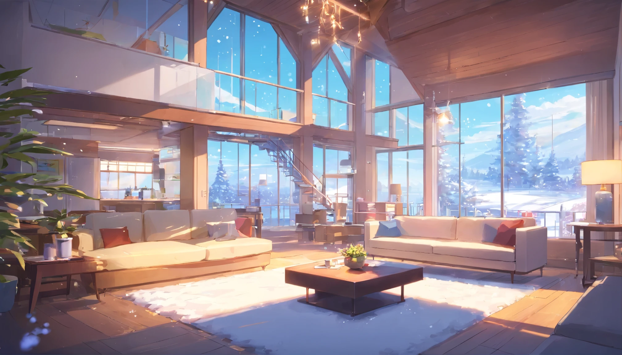 Large glass living room、Modern、sophisticated and stylish room、white wall、white sofa、White rug、high ceiling、winter scenery、It&#39;s snowing、cushion、spiral staircase in the back