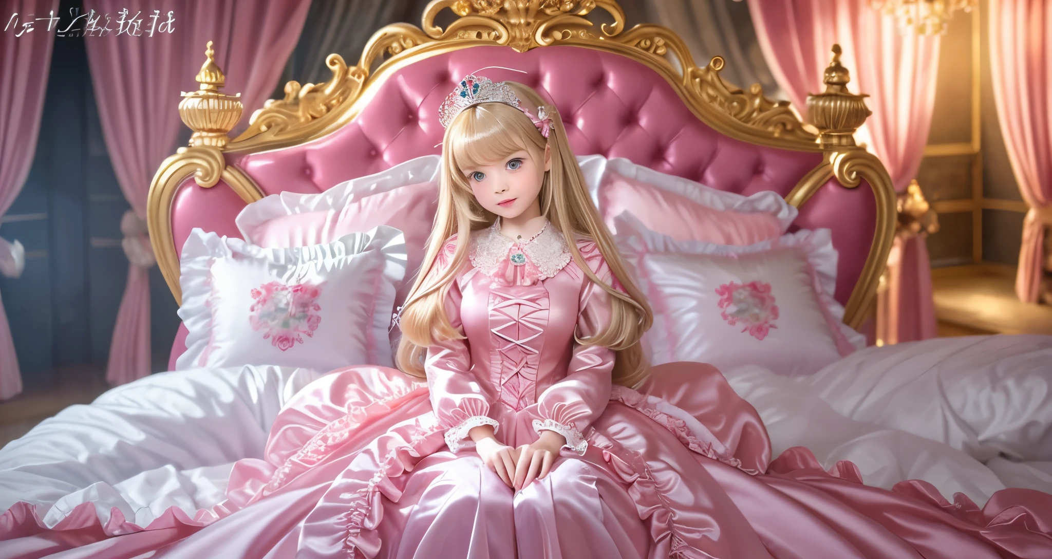 ,highest quality, masterpiece, highest resolution, artwork, super それにget used to it, many get used to it, get used to it, それにget used to it, 3K ultra-high resolution realistic photos,,(( When I was 10 years old)),Super detailed baby face,She is a princess,Full length ball gown dress with hoop skirt,ruffle yoke collar,puff sleeves,long sleeve,((Lolita style hot pink detailed princess satin dress、Comes with lots of frills and ribbons。)),colorful rococo fashion,shiny satin dress,Soft and smooth fabric,luxury,long blonde hair,blue eyes,white skin european,pajamas,((inside the palace)),,,(( When I was 10 years old)),Super detailed baby face,Full length ball gown dress with hoop skirt,long skirt,ruffle yoke collar,puff sleeves,腰まで伸びるlong blonde hair,blue eyes,white skin european,pajamas,((Inside the castle bedroom)),ピンクのシルクサテンのluxuryなcanopy bedの上,canopy bed,luxurious curtains under the canopy,many pink frilly pillows on the bed,super detailed background,detailed bed,silk satin bed sheets,soft pink silk satin comforter,pink soft silk satin ruffled pillow,little princess is sitting on the bed,((((large ball gown dresses that completely cover the legs)))),((((legs are hidden in the dress,Don&#39;Don&#39;t put your feet out to the side)))),Beautiful girl illustration,detailed beautiful face detailed hair,detailed human eye ,detailed mouth, arm details,fine hands,Detailed pillow,Frilly pillows piled up behind the girl,