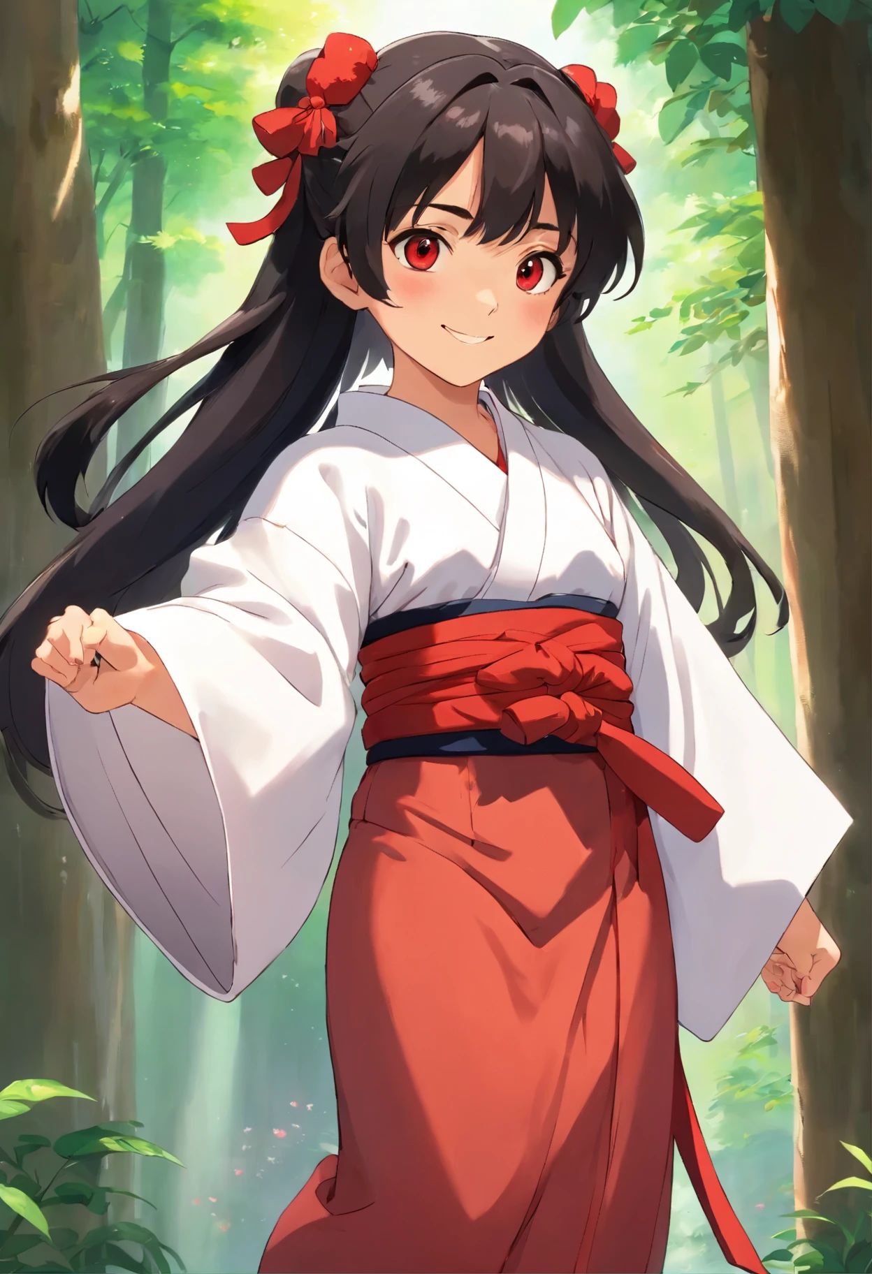 1japanese girl,5yearsold,whole body Focus,cute face,man's thick eyebrows,black long hair with twin tails,white kimono,red hakama,black eyes,smile