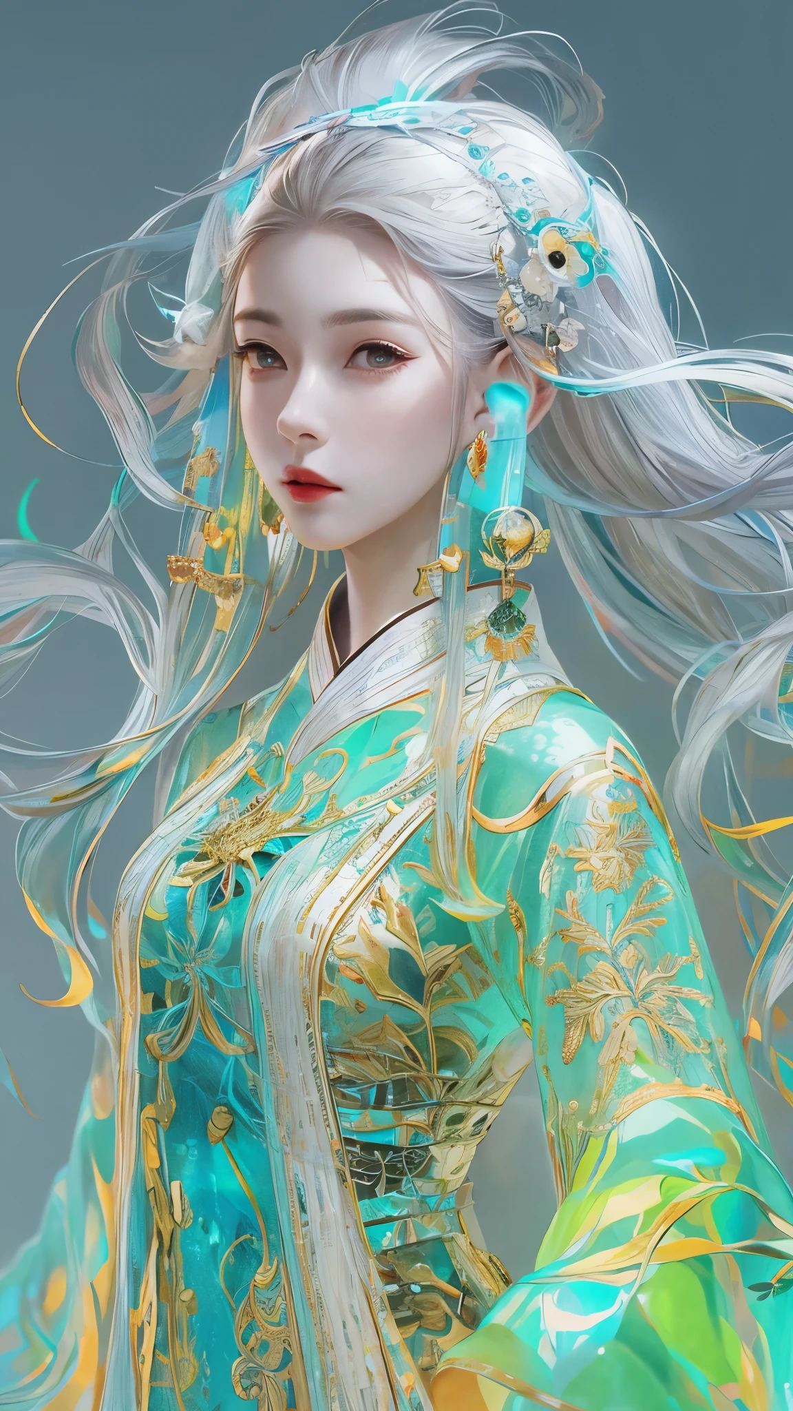 Tang suit，Chinese Hanfu，a image of a woman wearing colorful robot tech, in the style of free-flowing surrealism, shiny/glossy, precise and lifelike, hard surface modeling, precisionist lines, light silver and azure, engineering/construction and design，Luminous hair accessories, long hair, Luminous earrings, glow necklace, cyberpunk,transparent clothes，rainbow colors