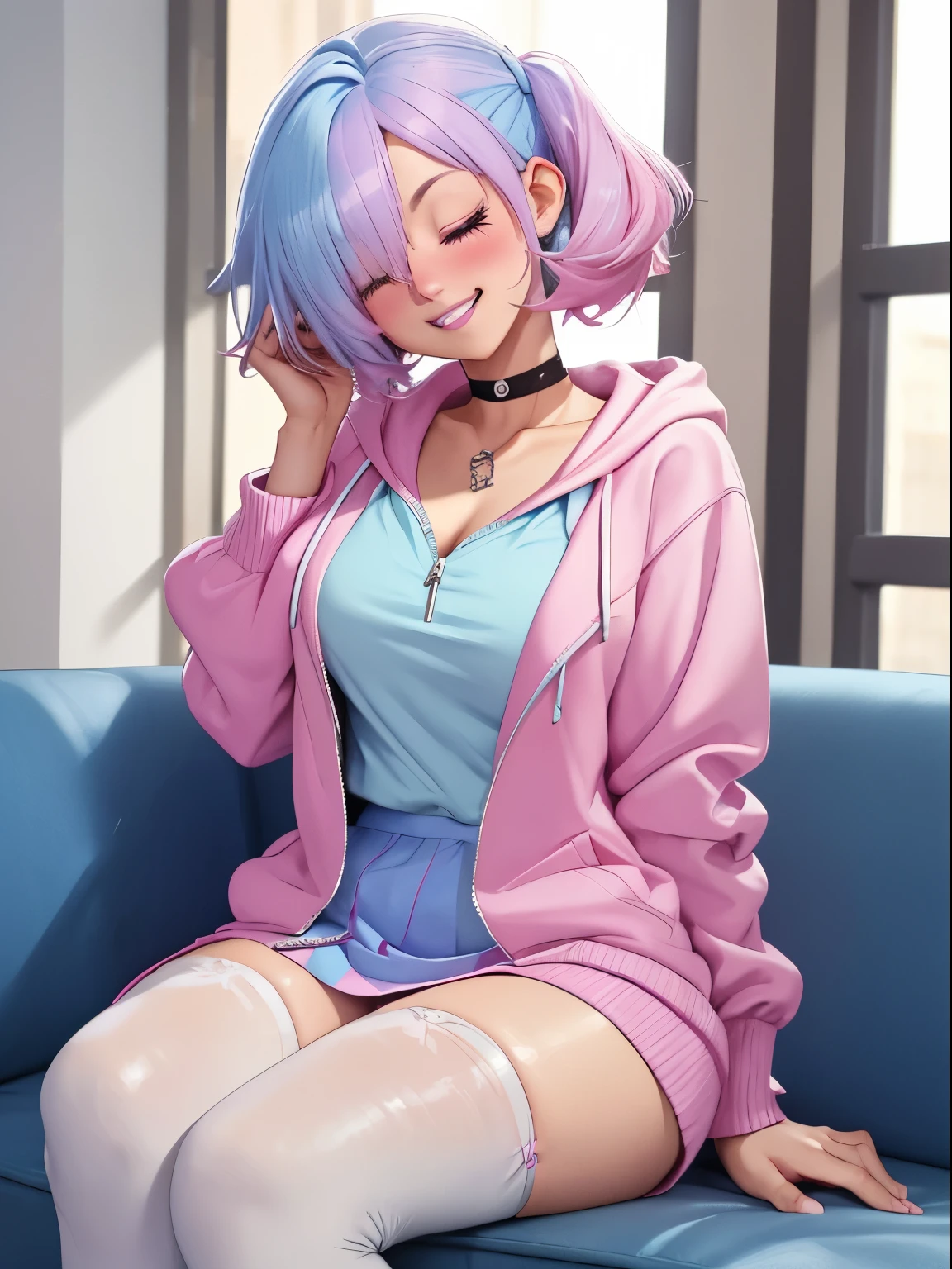 1girl, pastel, cracked dyed hair, light blue hair, pink hair, grin, teeth, skirt, sitting, couch, huge breasts, blush, pastel lipstick, cropped unzipped hoodie, eyes closed, head tilt, stockings, heavy makeup, skinny, hair over one eye, choker, cute