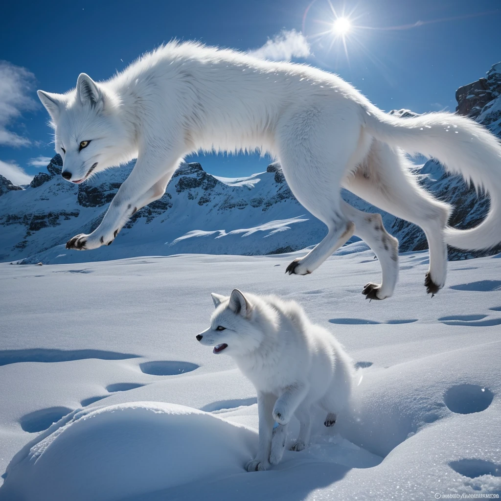 (best quality,ultra-detailed),arctic fox,deep snow,chases,mouse,quick movements,fluffy tail,sharp teeth,intense gaze,white fur,icy blue eyes,freezing wind,subzero temperatures,snow-covered landscape,northern lights,glowing moonlight,harsh winter,icy breath,pristine wilderness,playful jumps,paw prints in the snow,stealthy predator,escape maneuvers,elusive prey,hunting instincts,blizzard conditions,endless white expanse,icy silence,majestic hunter,graceful leaps,ferocious determination,seamless camouflage,cold environment,heart-pounding pursuit,inhospitable terrain.