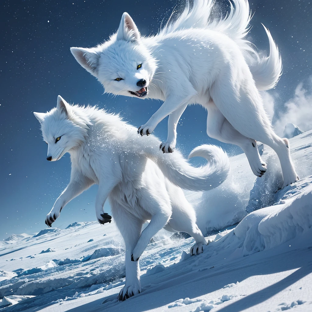 (best quality,ultra-detailed),arctic fox,deep snow,chases,mouse,quick movements,fluffy tail,sharp teeth,intense gaze,white fur,icy blue eyes,freezing wind,subzero temperatures,snow-covered landscape,northern lights,glowing moonlight,harsh winter,icy breath,pristine wilderness,playful jumps,paw prints in the snow,stealthy predator,escape maneuvers,elusive prey,hunting instincts,blizzard conditions,endless white expanse,icy silence,majestic hunter,graceful leaps,ferocious determination,seamless camouflage,cold environment,heart-pounding pursuit,inhospitable terrain.