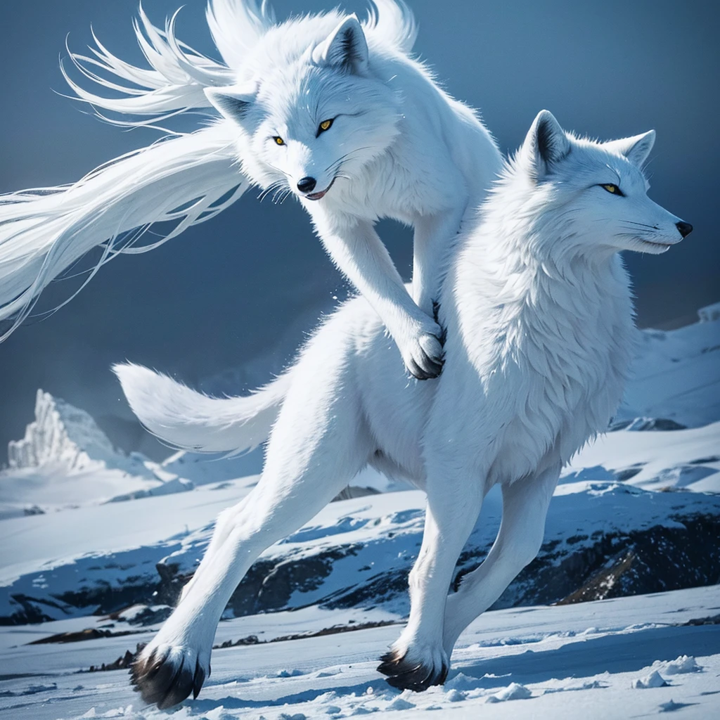 (best quality,ultra-detailed),arctic fox,deep snow,chases,mouse,quick movements,fluffy tail,sharp teeth,intense gaze,white fur,icy blue eyes,freezing wind,subzero temperatures,snow-covered landscape,northern lights,glowing moonlight,harsh winter,icy breath,pristine wilderness,playful jumps,paw prints in the snow,stealthy predator,escape maneuvers,elusive prey,hunting instincts,blizzard conditions,endless white expanse,icy silence,majestic hunter,graceful leaps,ferocious determination,seamless camouflage,cold environment,heart-pounding pursuit,inhospitable terrain.