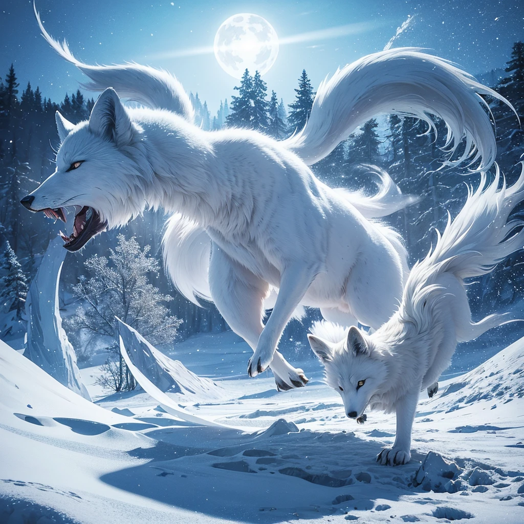 (best quality,ultra-detailed),arctic fox,deep snow,chases,mouse,quick movements,fluffy tail,sharp teeth,intense gaze,white fur,icy blue eyes,freezing wind,subzero temperatures,snow-covered landscape,northern lights,glowing moonlight,harsh winter,icy breath,pristine wilderness,playful jumps,paw prints in the snow,stealthy predator,escape maneuvers,elusive prey,hunting instincts,blizzard conditions,endless white expanse,icy silence,majestic hunter,graceful leaps,ferocious determination,seamless camouflage,cold environment,heart-pounding pursuit,inhospitable terrain.